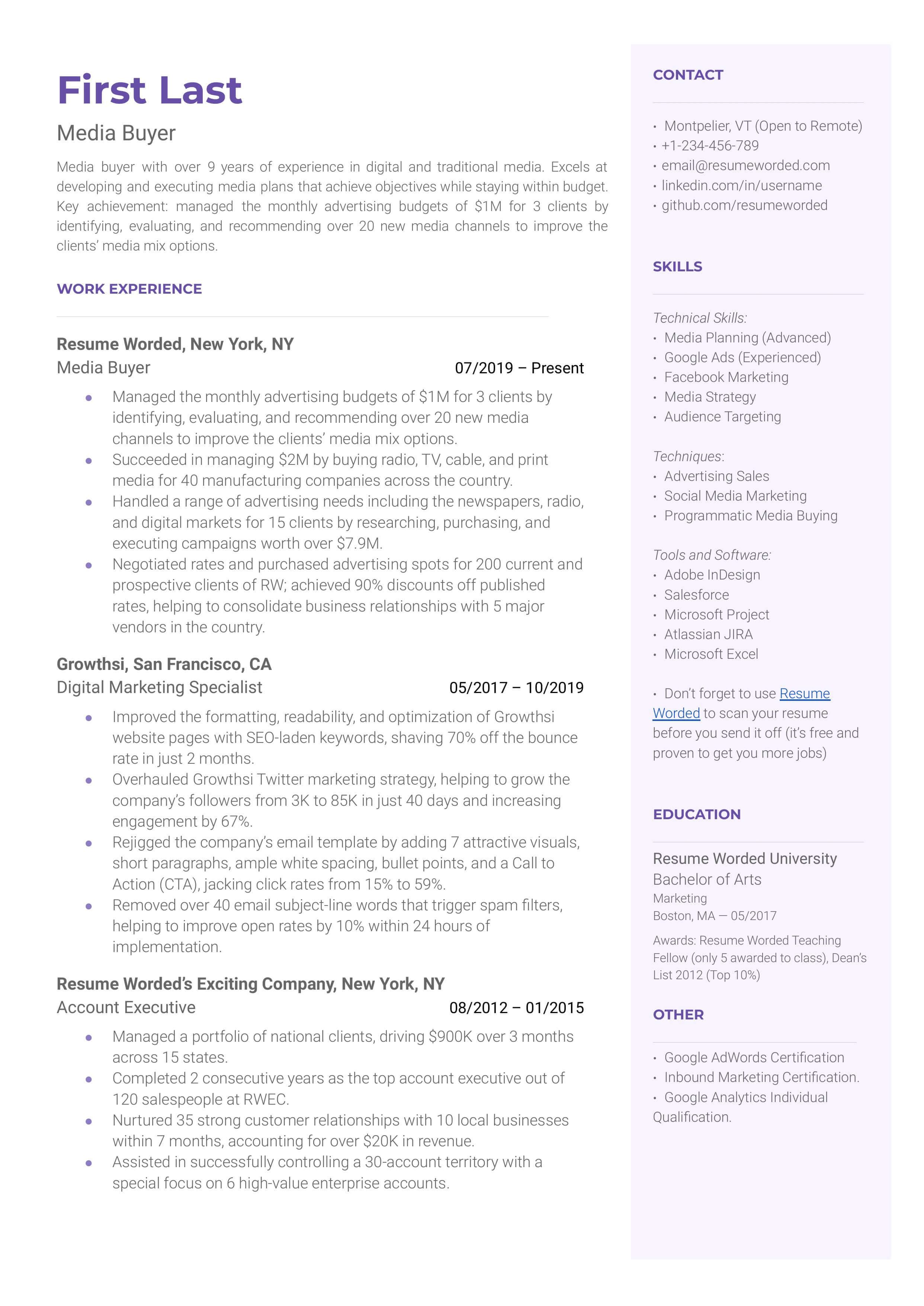 A media buyer resume template that includes strong action verbs
