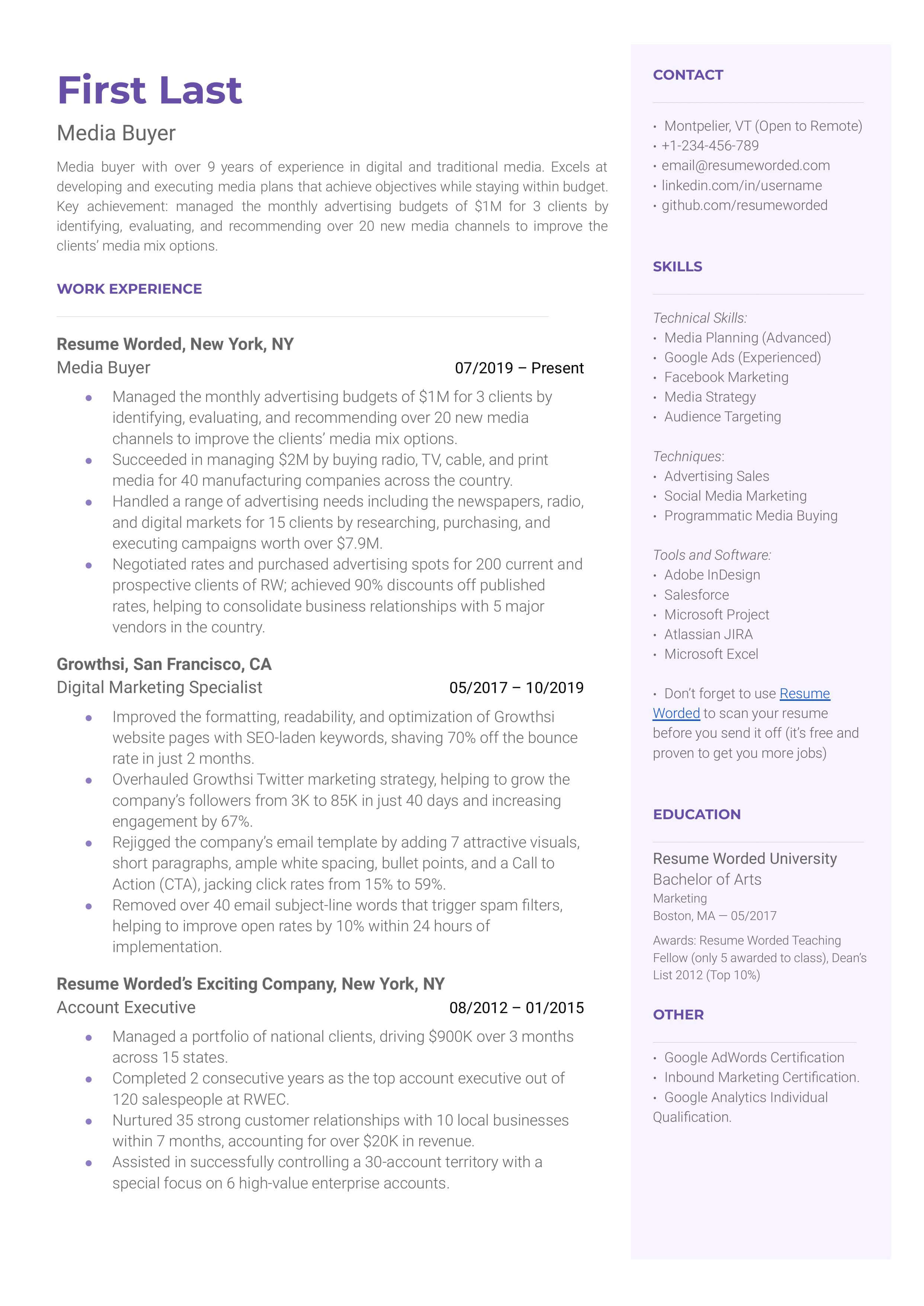 Media Buyer Resume Examples for 2024