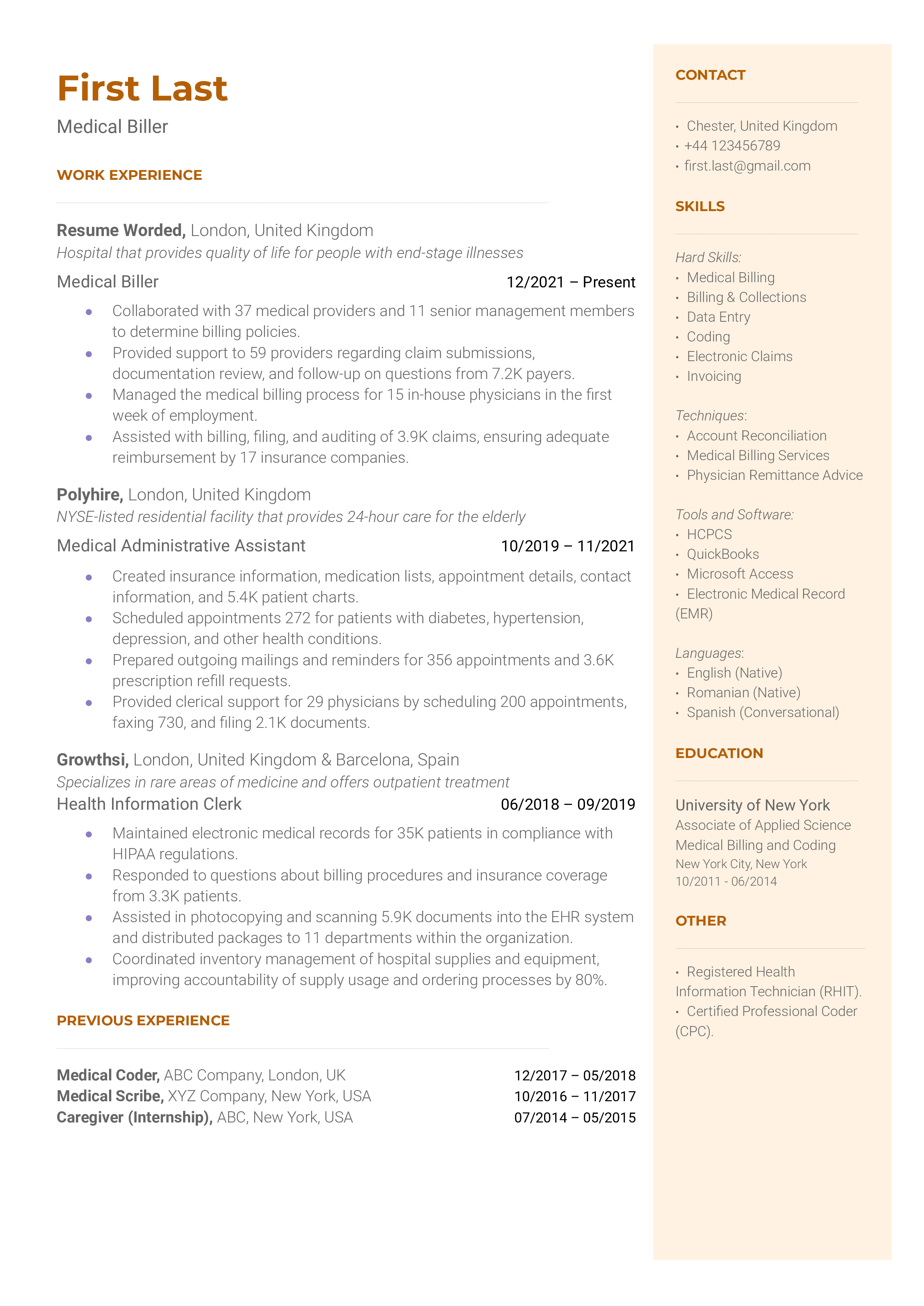 Medical Biller Resume Sample