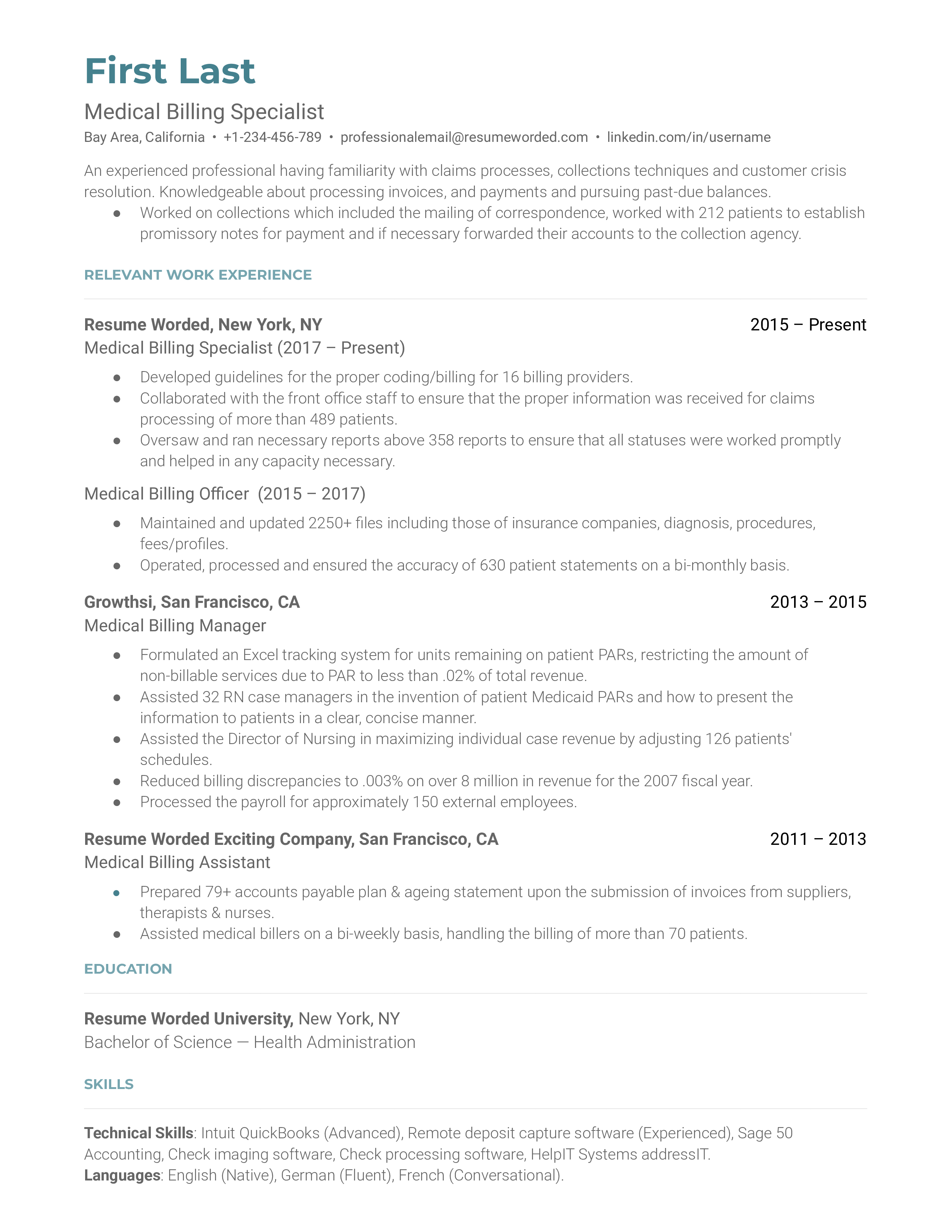 A medical billing specialist resume template showing experience in claims processing, customer crisis resolution, and collection techniques