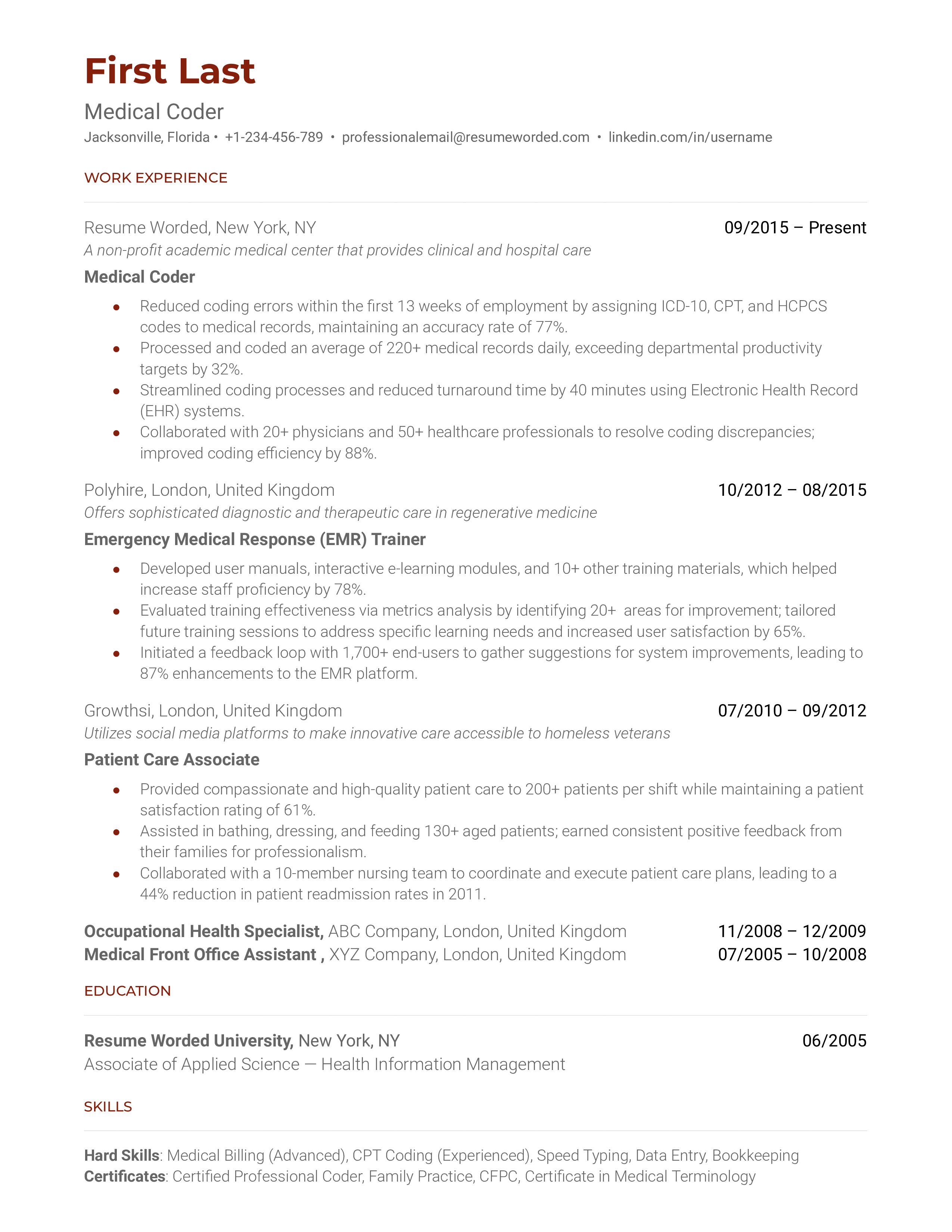 A streamlined resume showcasing skills and certifications of a Medical Coder.