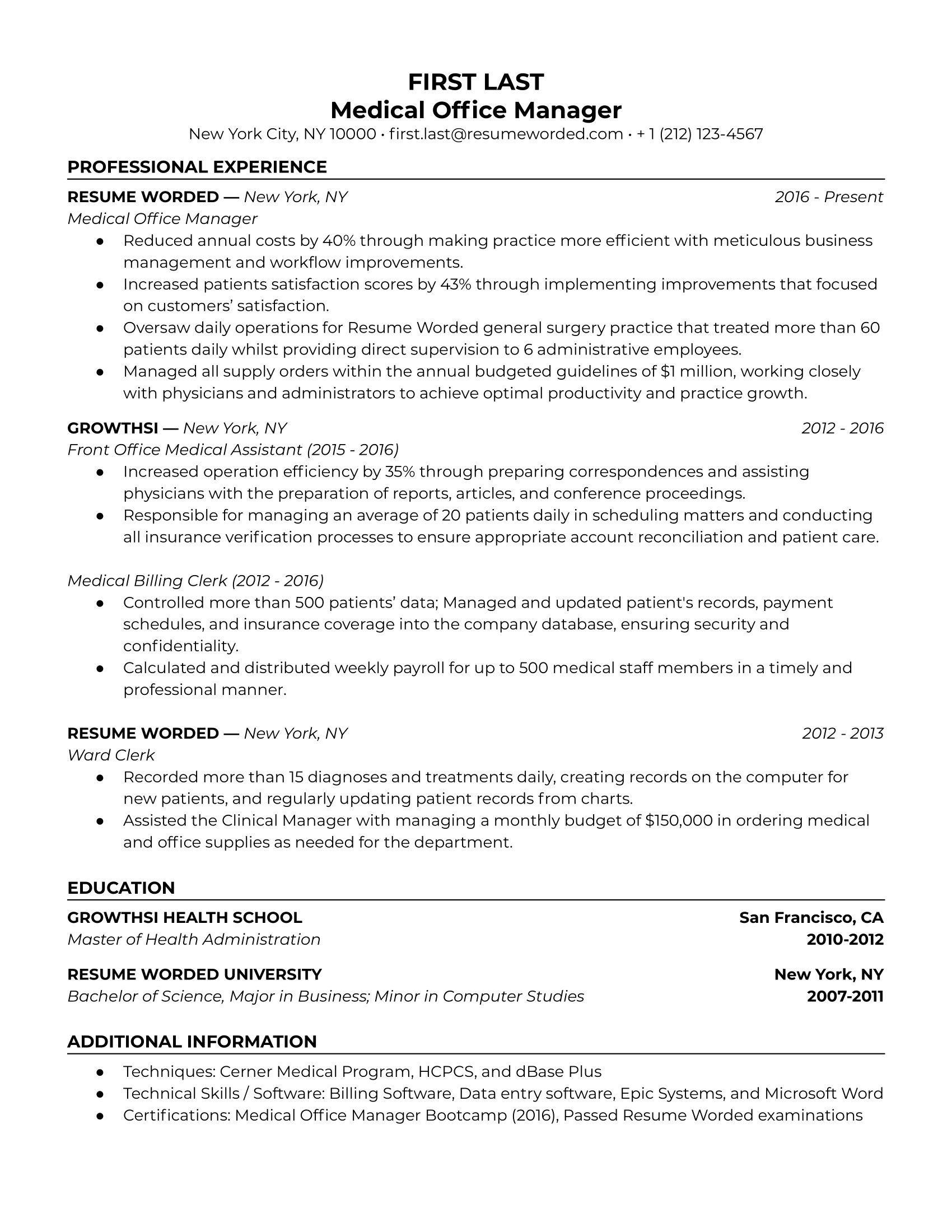 Medical Office Manager Resume Template + Example