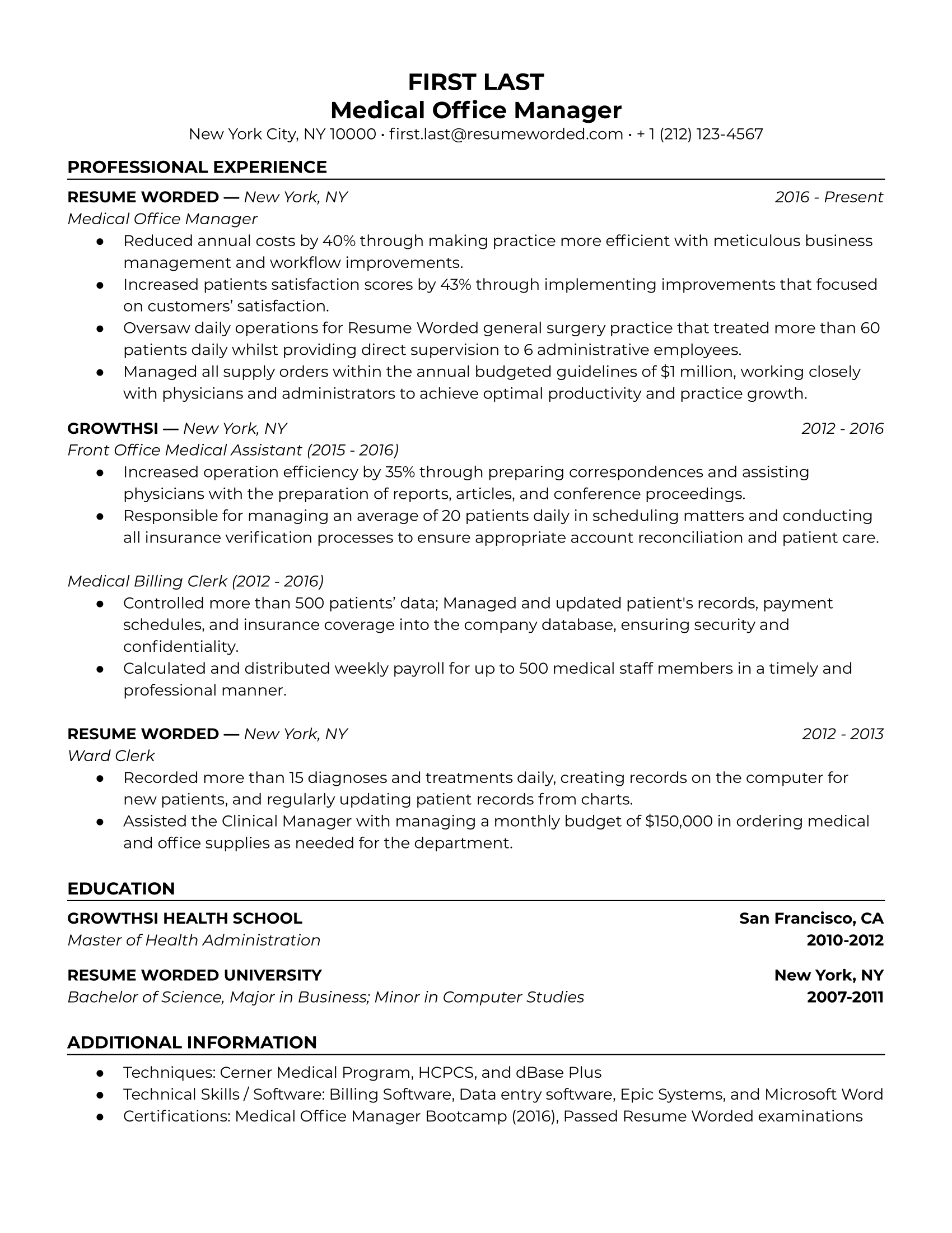 Medical Office Manager Resume Sample