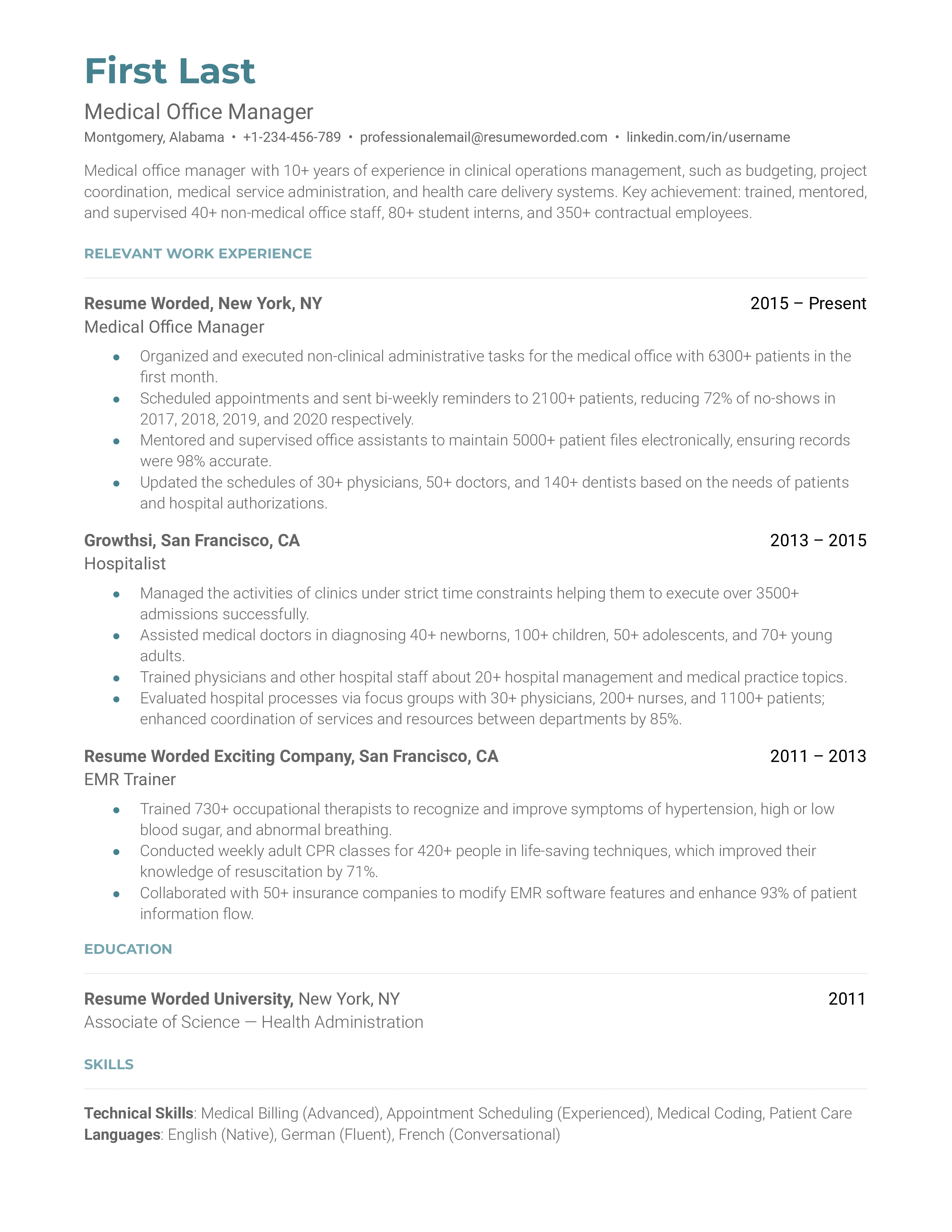 A medical office manager's CV showing skills in managing healthcare systems and understanding regulations.