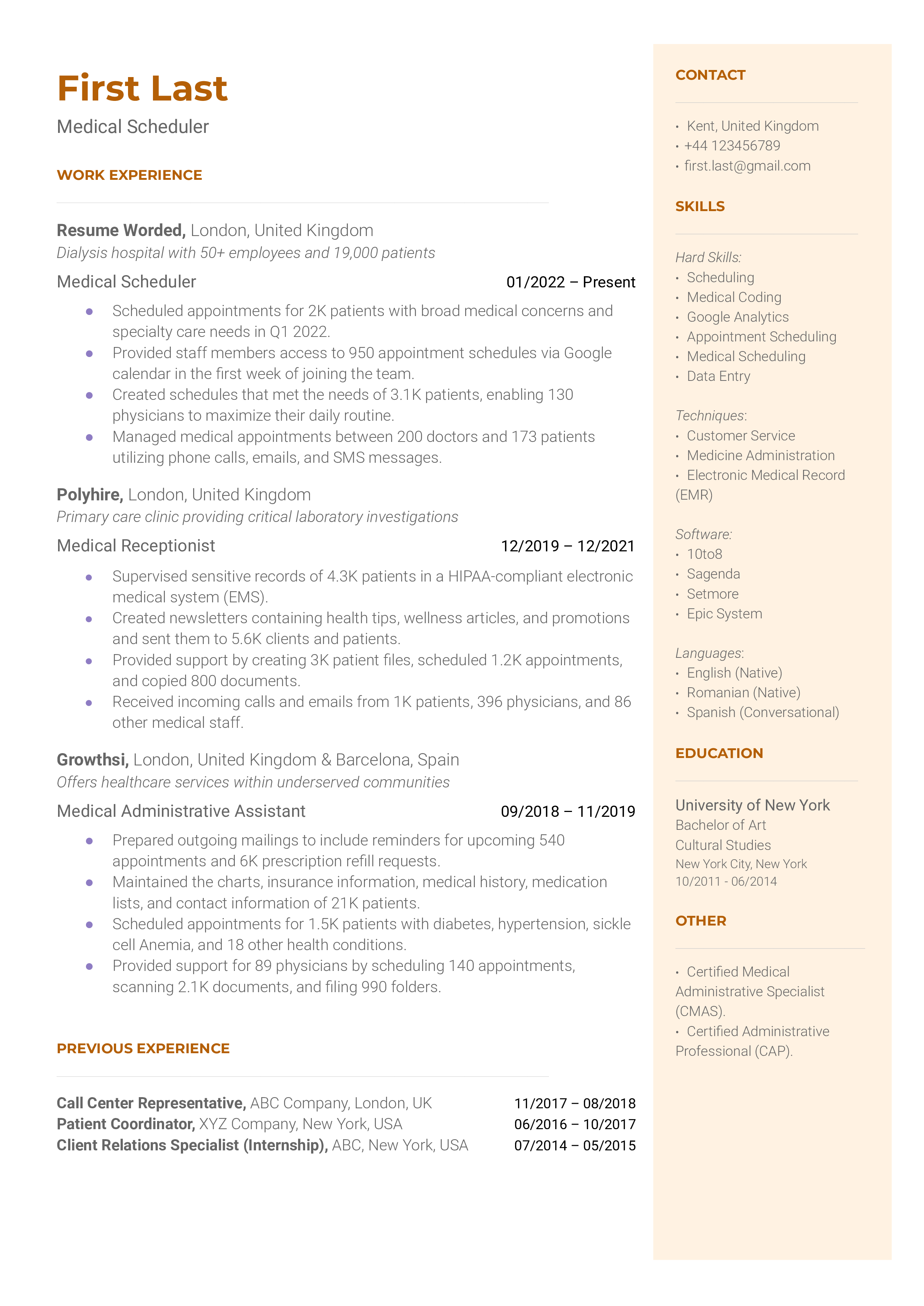 Medical Scheduler CV showing software proficiency and patient interaction skills.