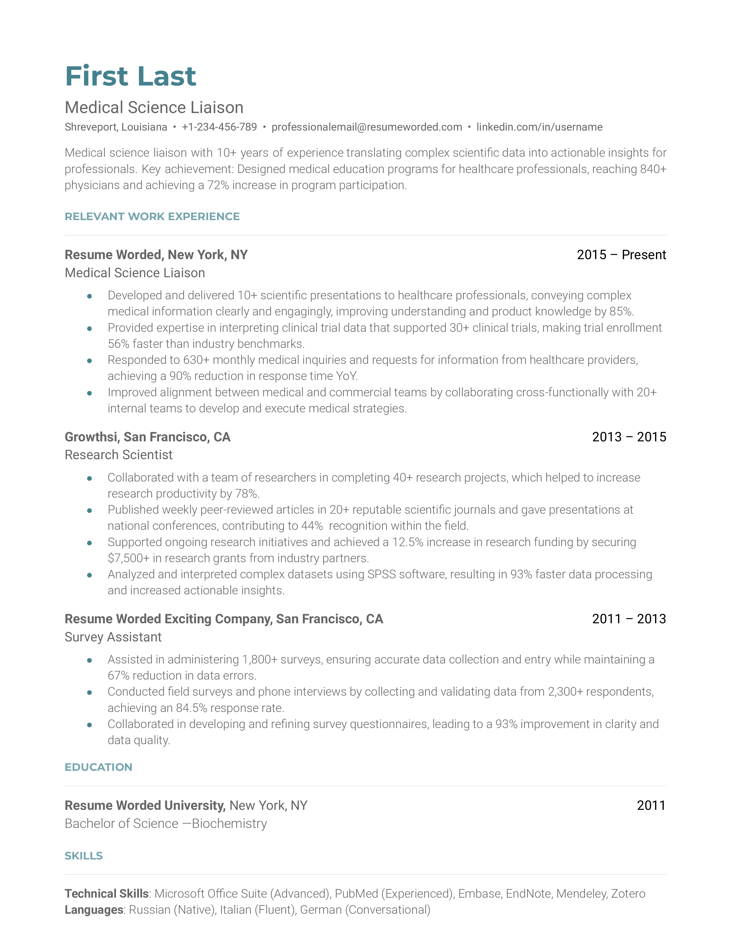 A well-structured MSL resume highlighting scientific knowledge and relationship-building experience.