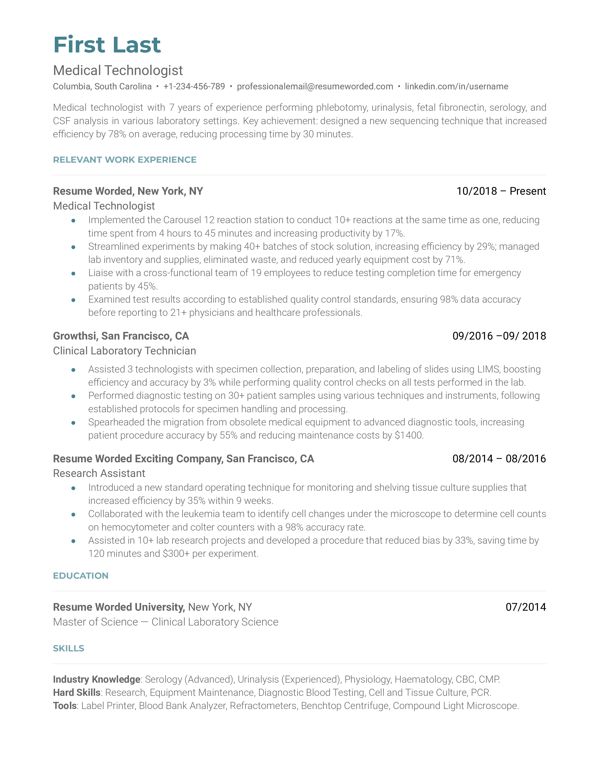 A medical technologist resume sample that highlights the applicant's qualifications and experience.