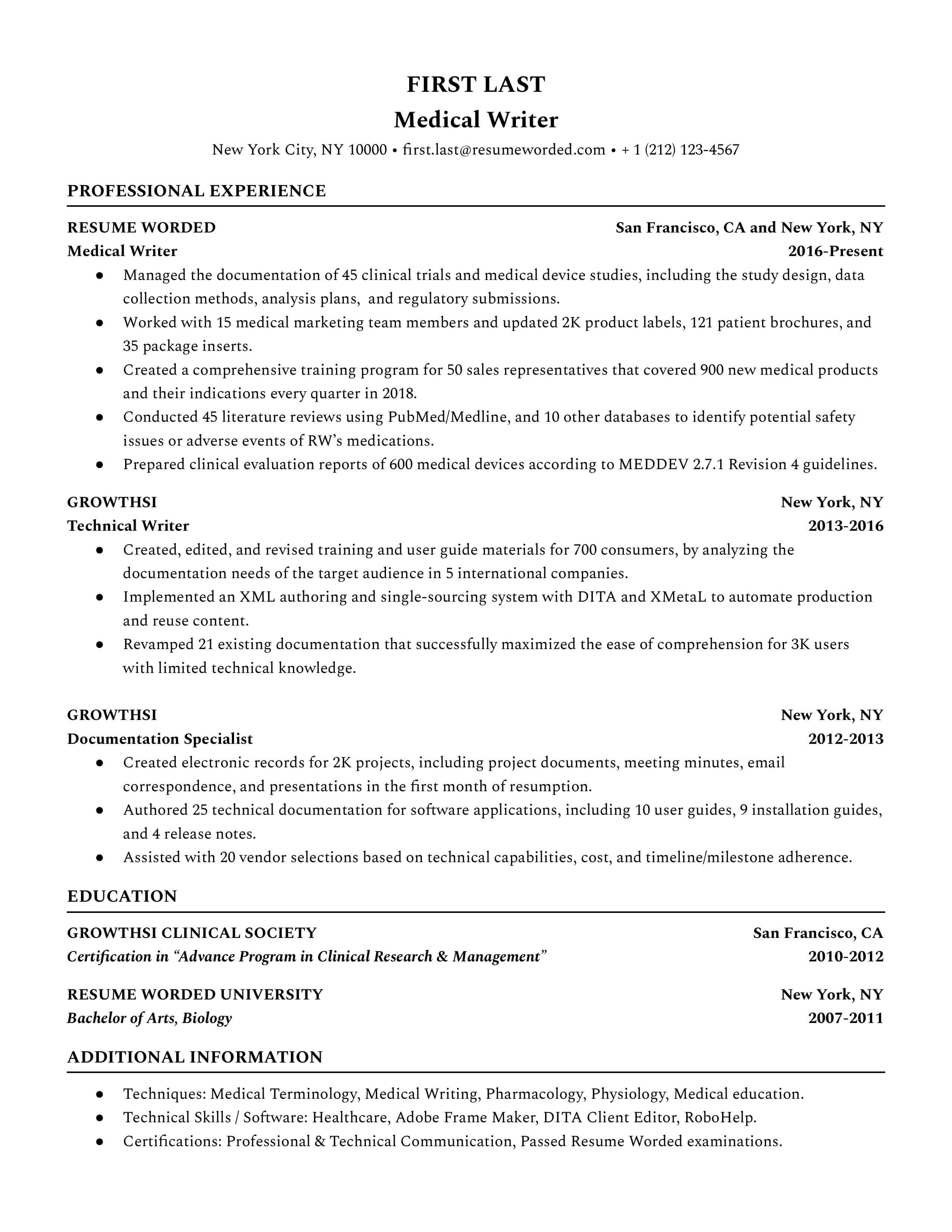 A medical writer resume sample that highlights the applicant’s industry knowledge and experience.