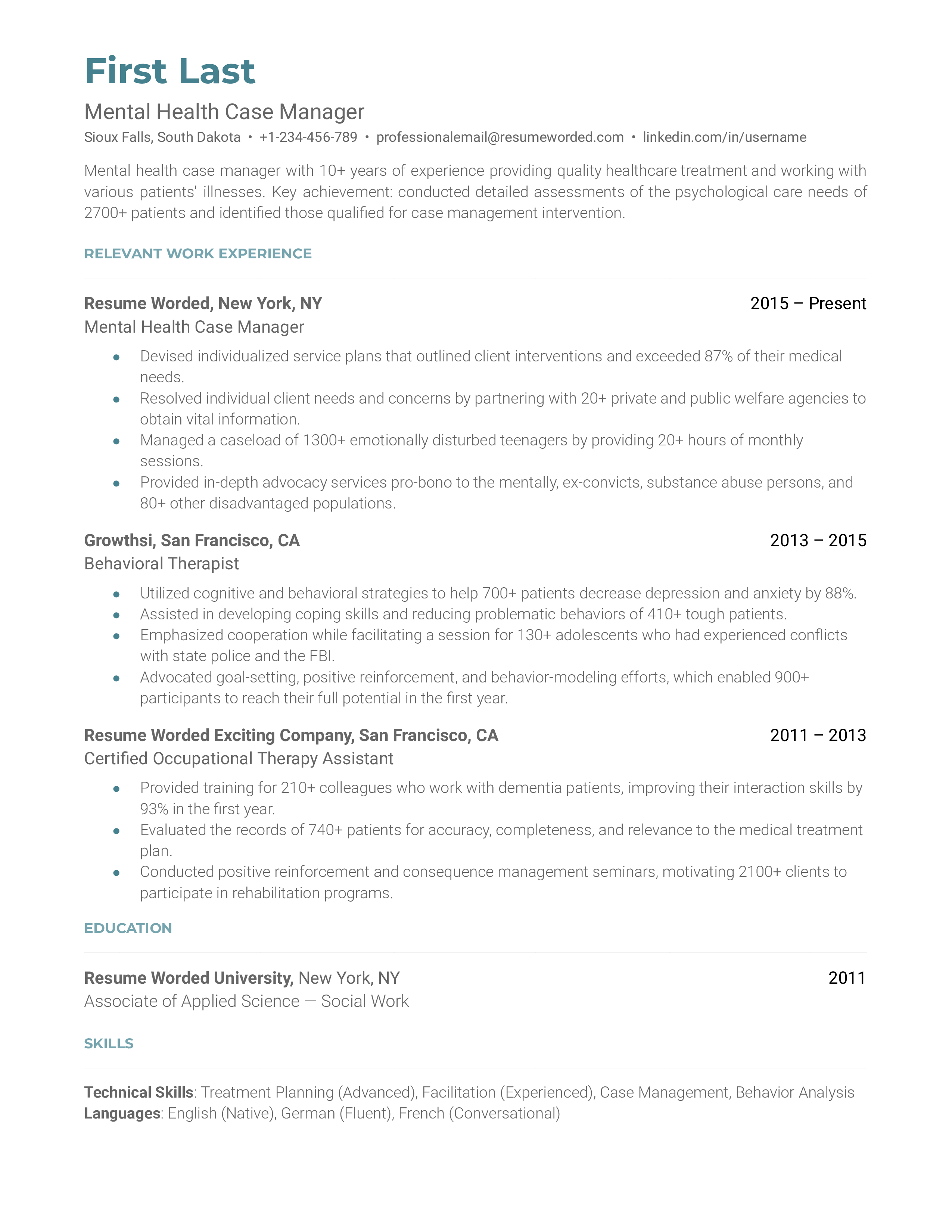 Screenshot of a Mental Health Case Manager's CV filled with relevant experiences and skills.