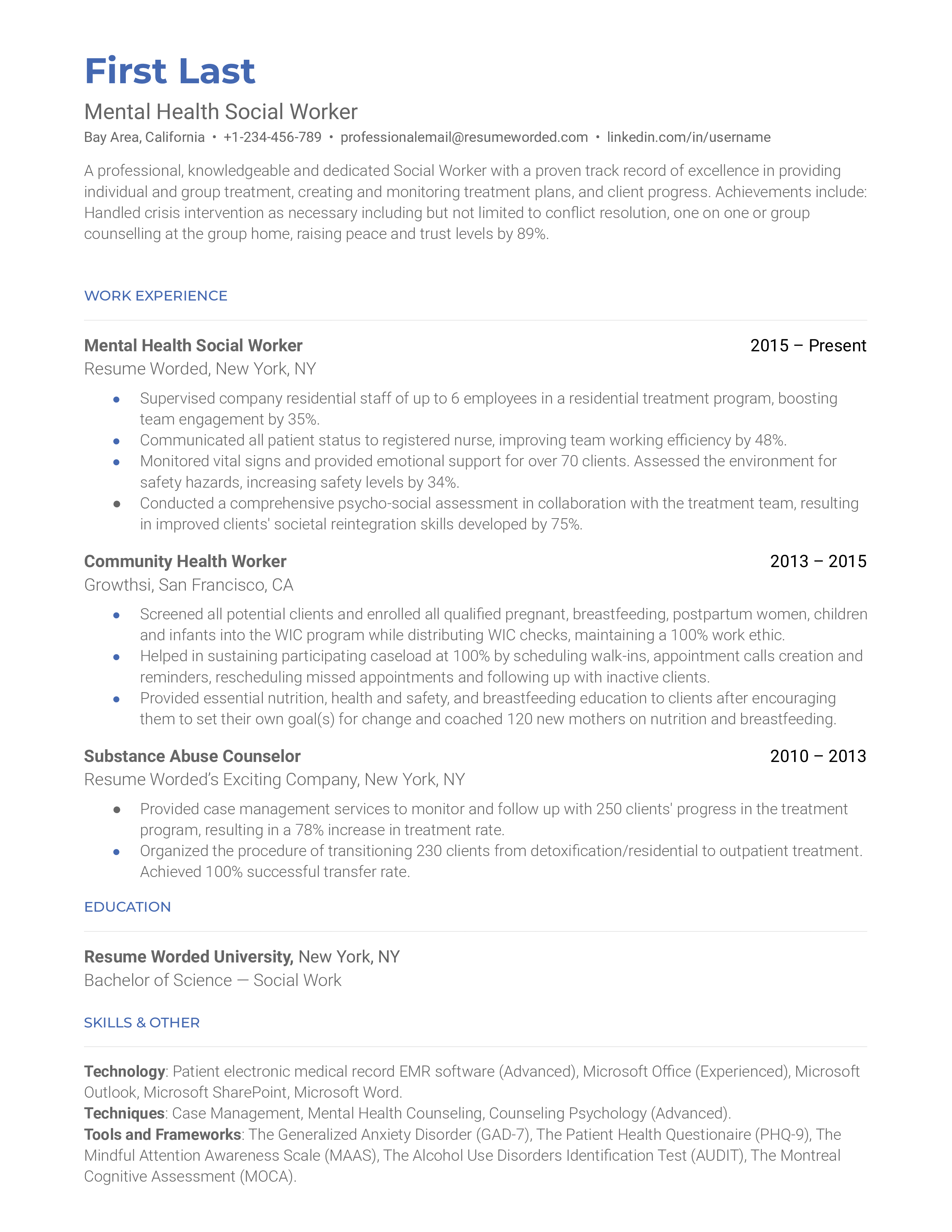 A mental health social worker resume that illustrates strong client success rates and treatment. 