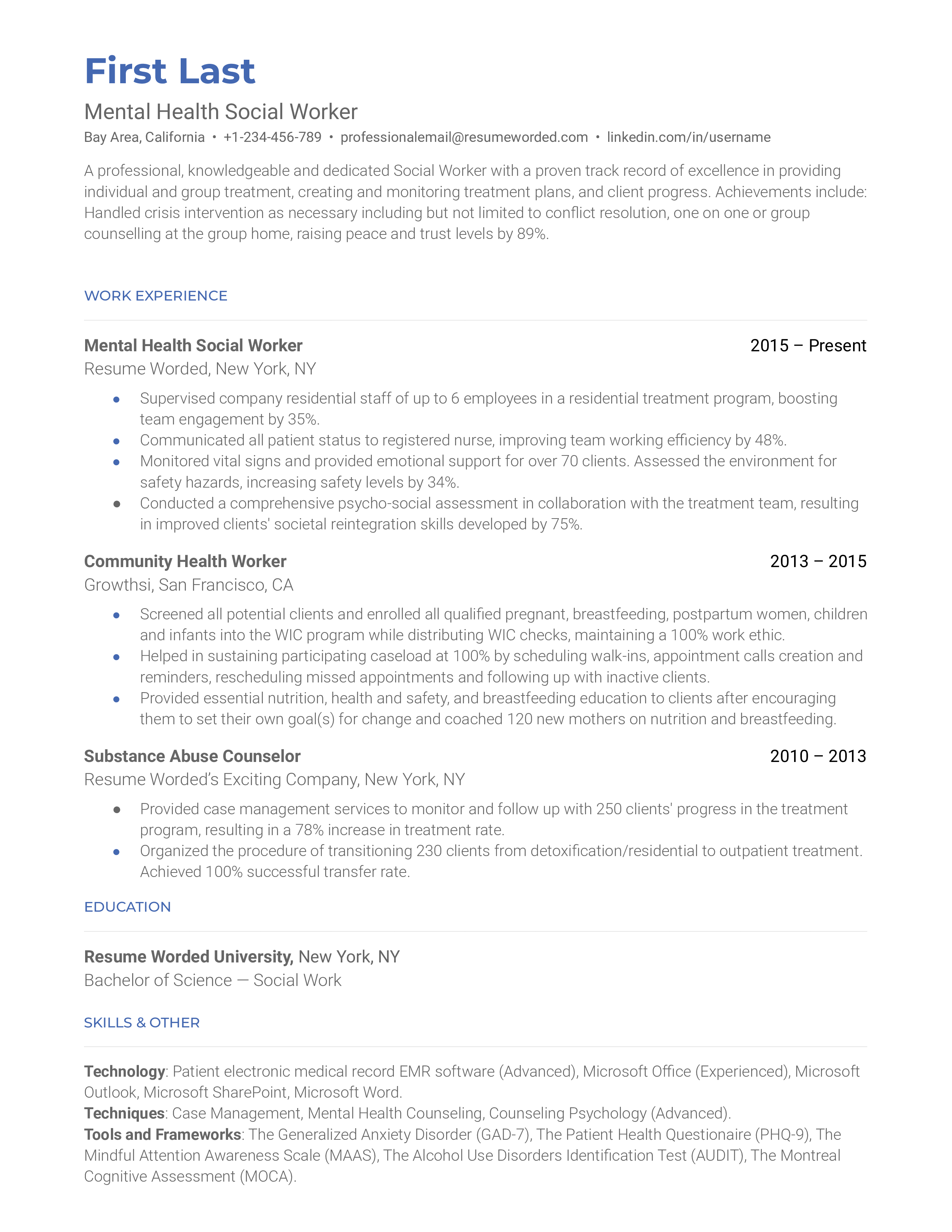 Mental Health Social Worker Resume Sample