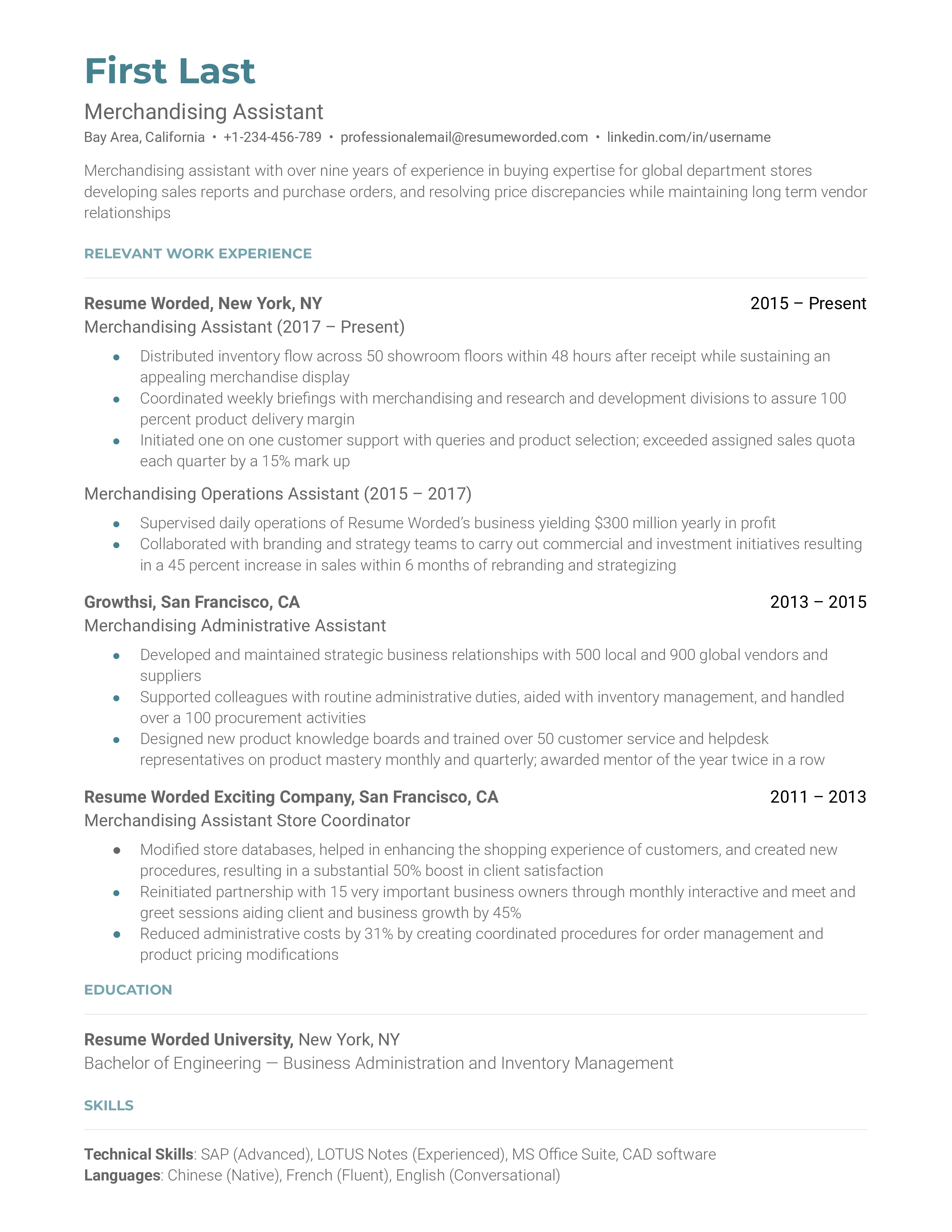 A merchandising assistant resume example that includes contact info and a brief description