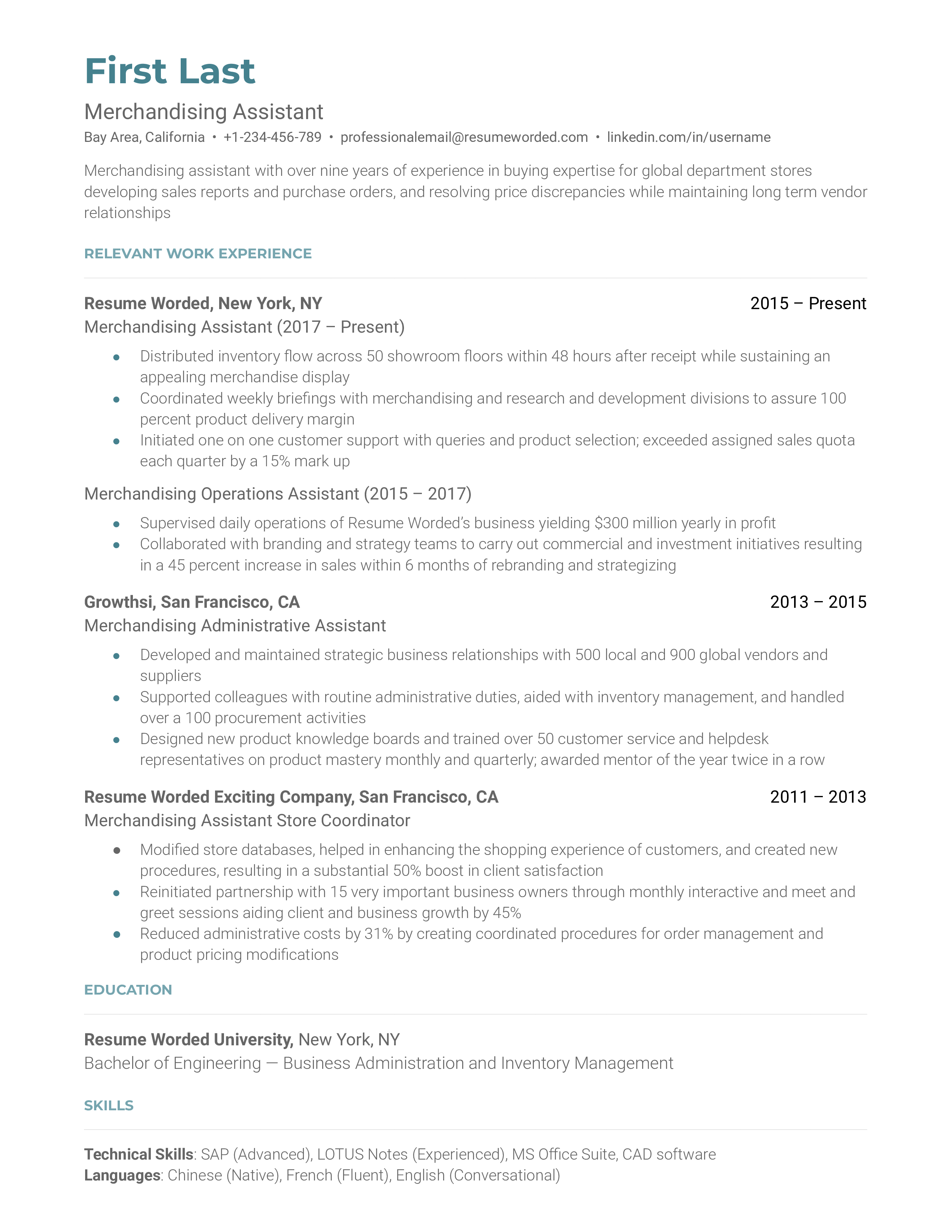 Merchandising Assistant  Resume Sample