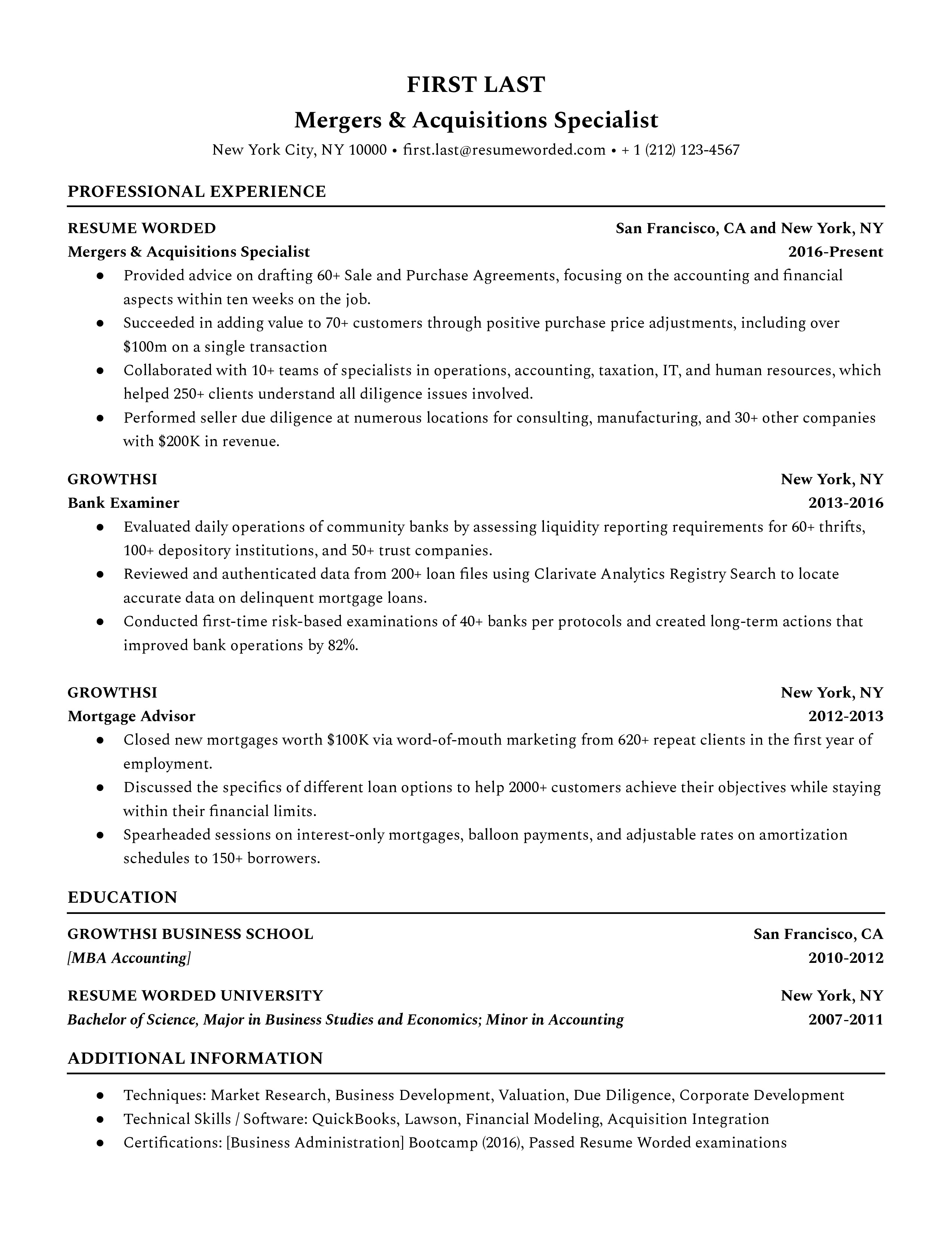 A mergers & acquisitions specialist resume template that uses metrics to accentuate achievements. 