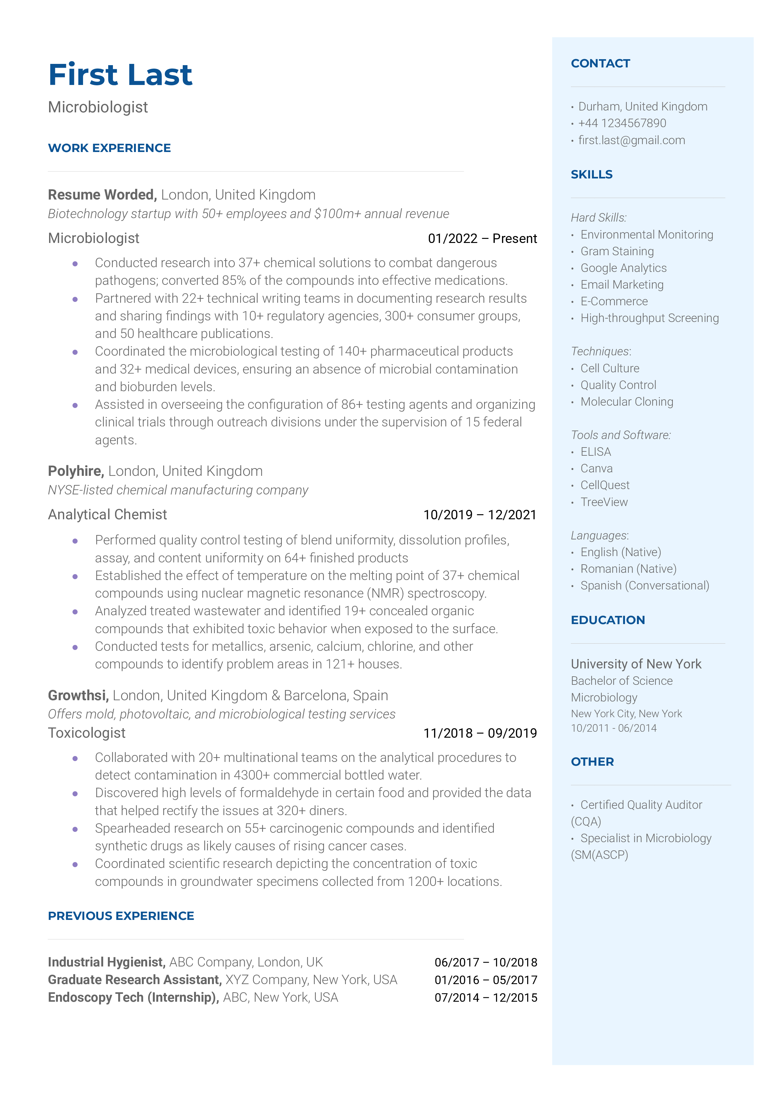 A clinical microbiologist resume template including relevant certifications
