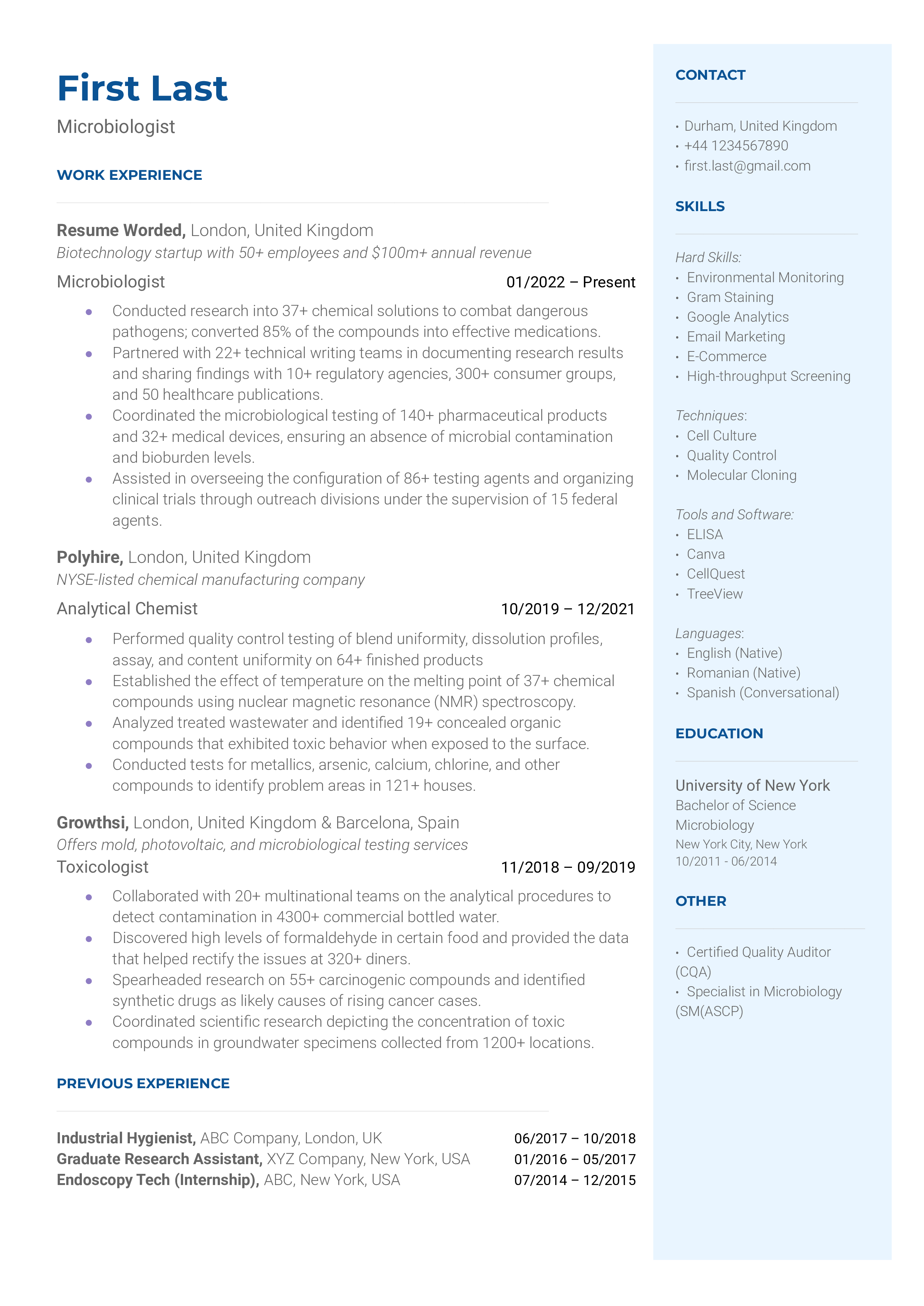 Microbiologist Resume Sample