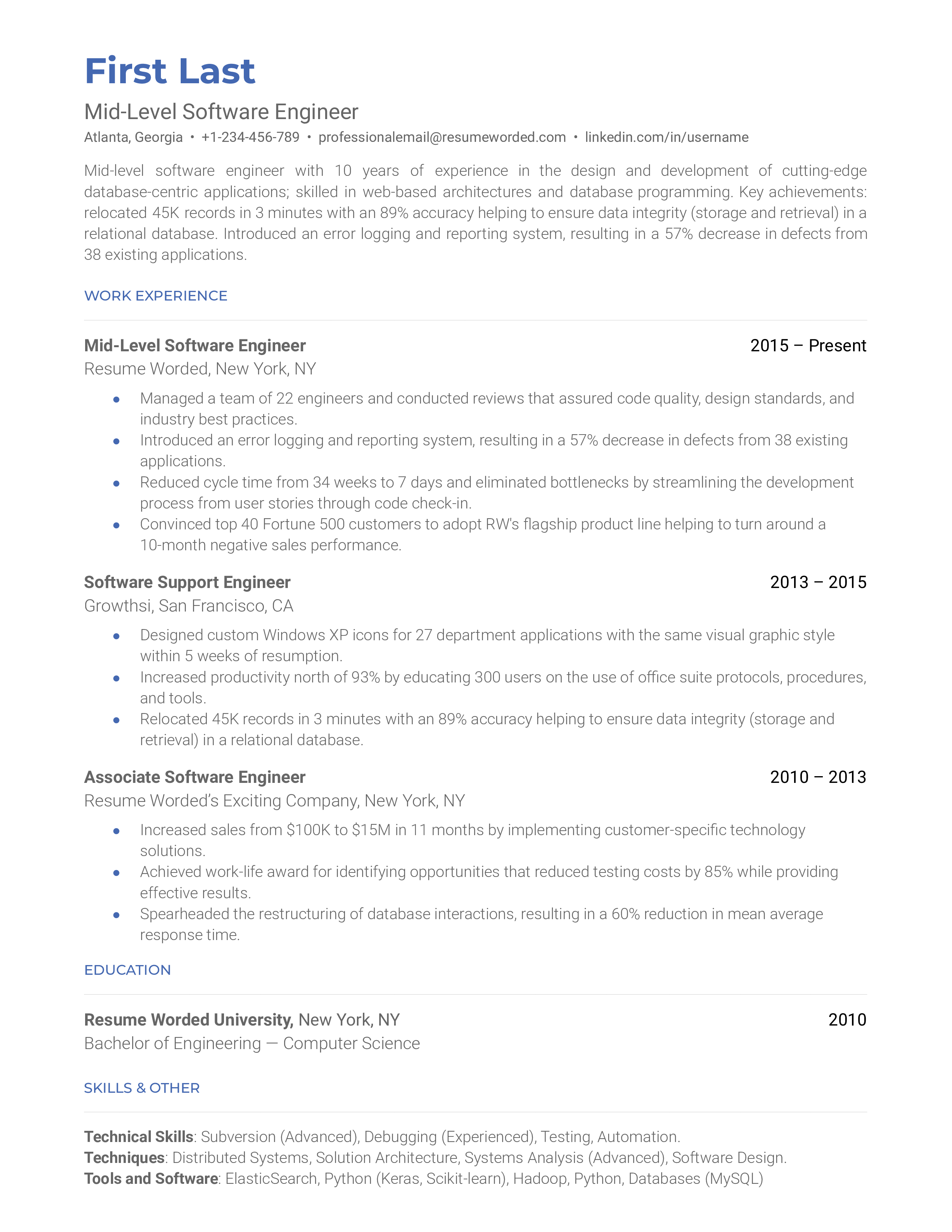 A mid-level software engineer resume sample that highlights the applicant’s value addition and education.