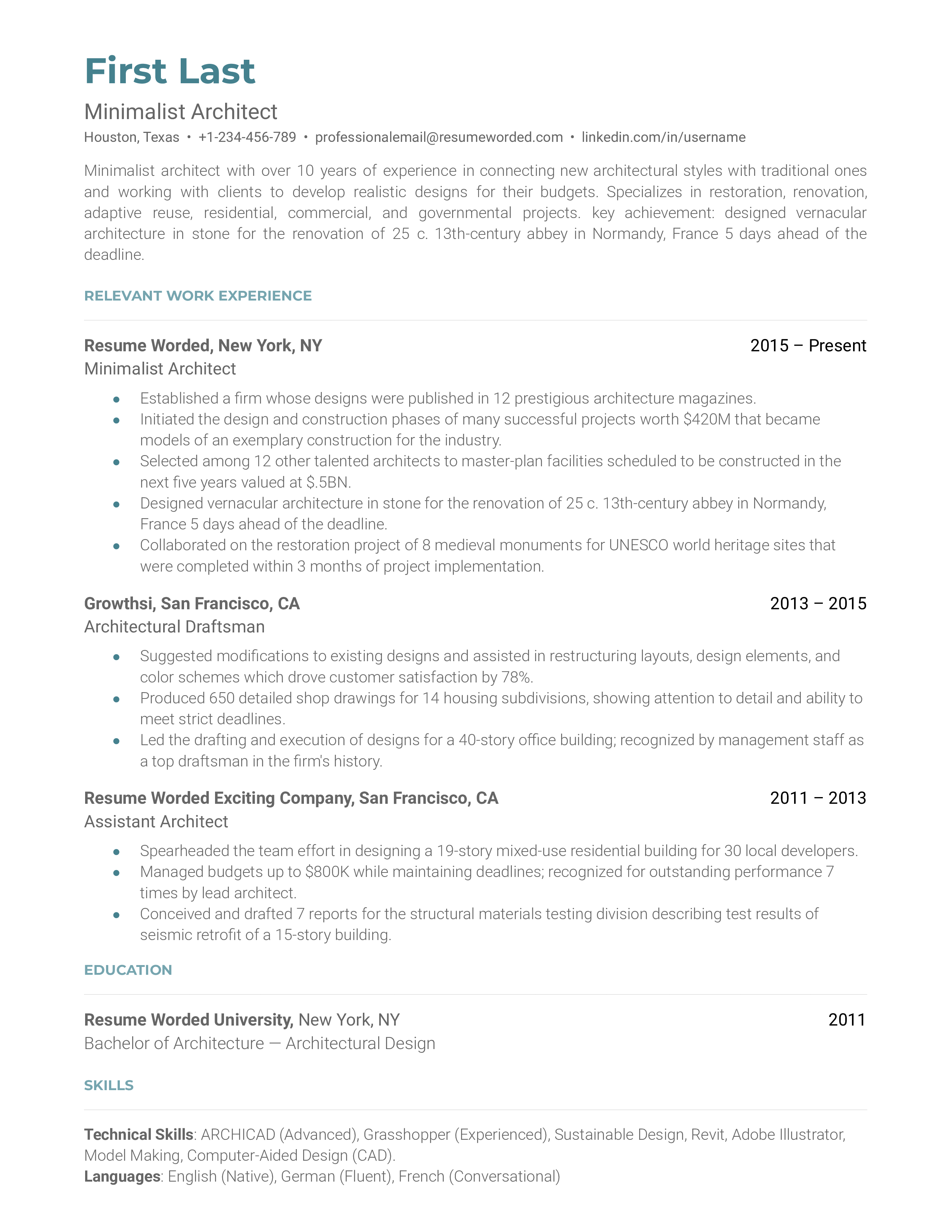 A minimalist architect resume sample that highlights the applicant’s minimalist experience and impressive achievements.