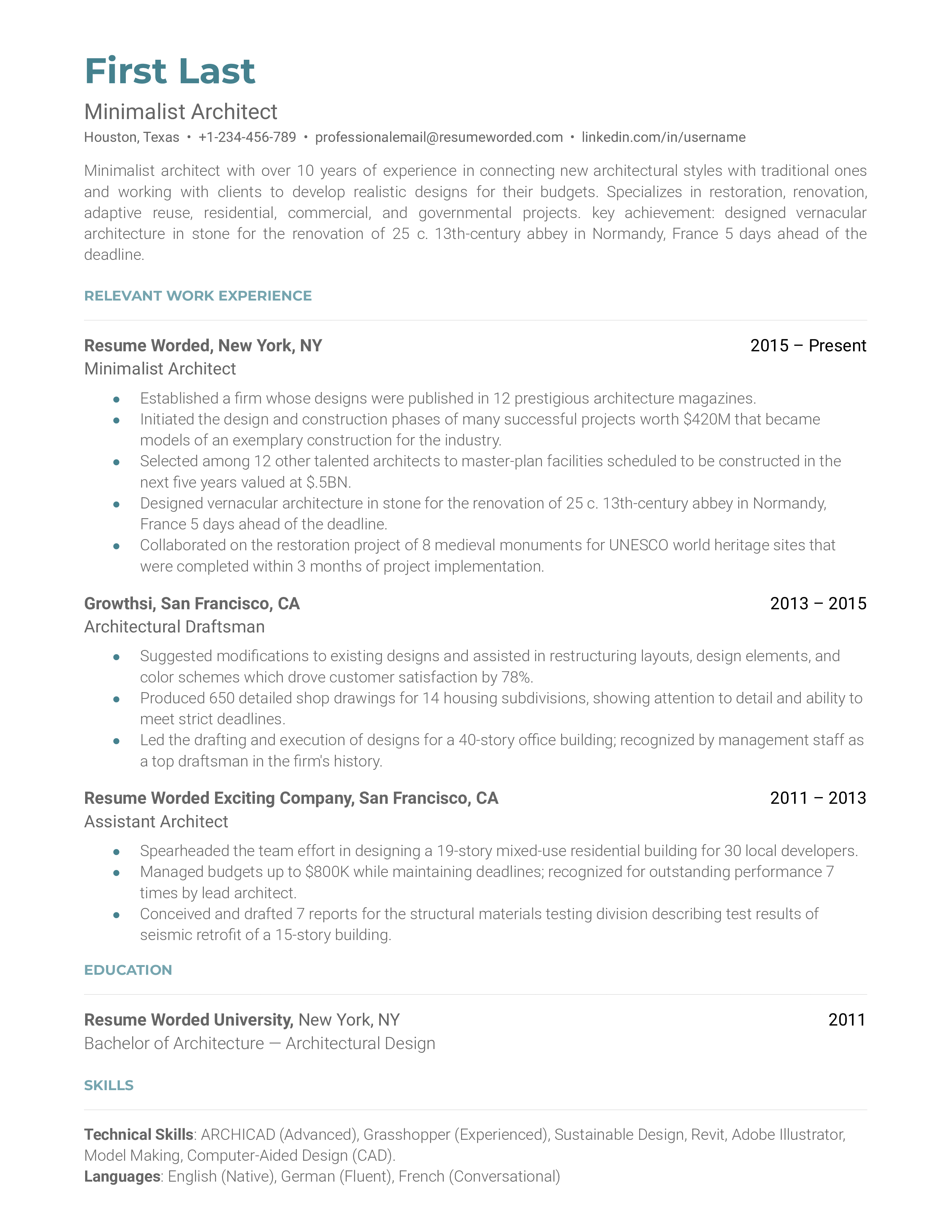 Minimalist Architect Resume Sample