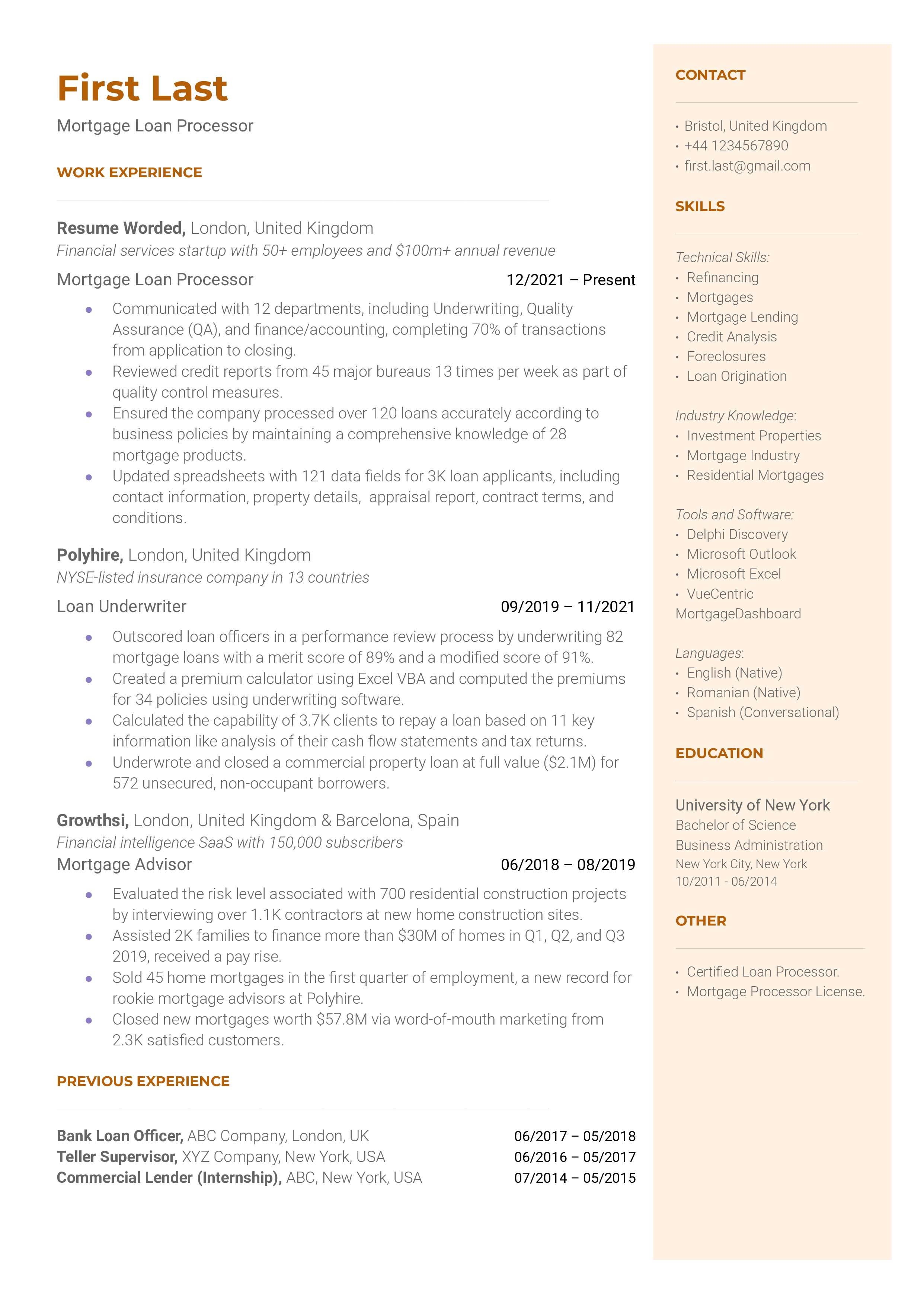 A mortgage loan processor resume sample that highlights the applicant’s lengthy industry experience and certification.