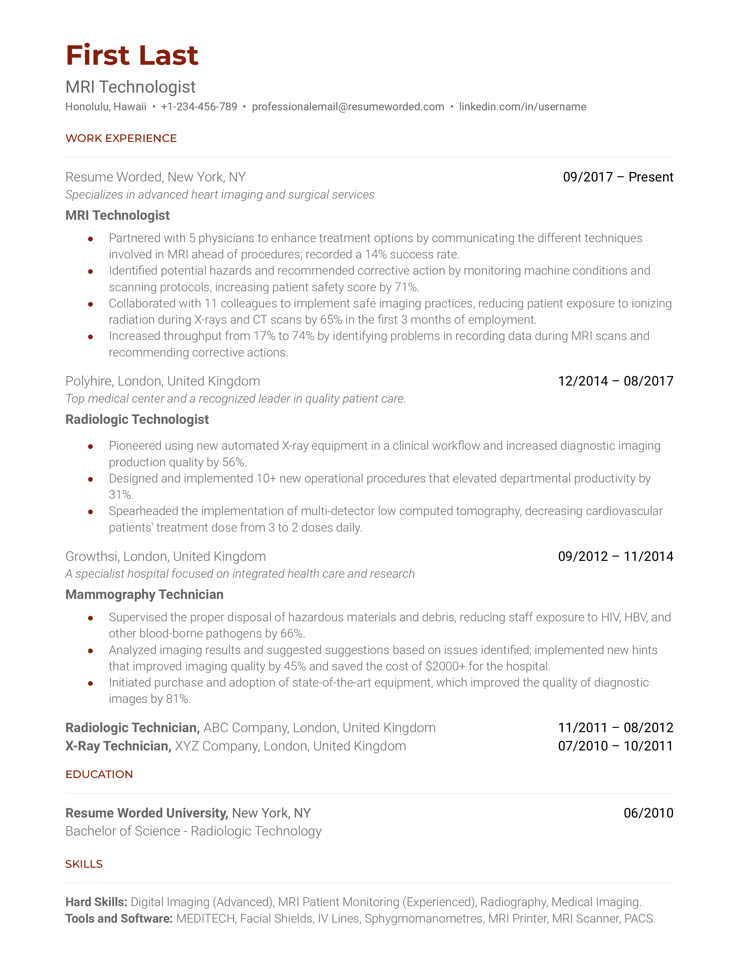 MRI Technologist Resume Sample