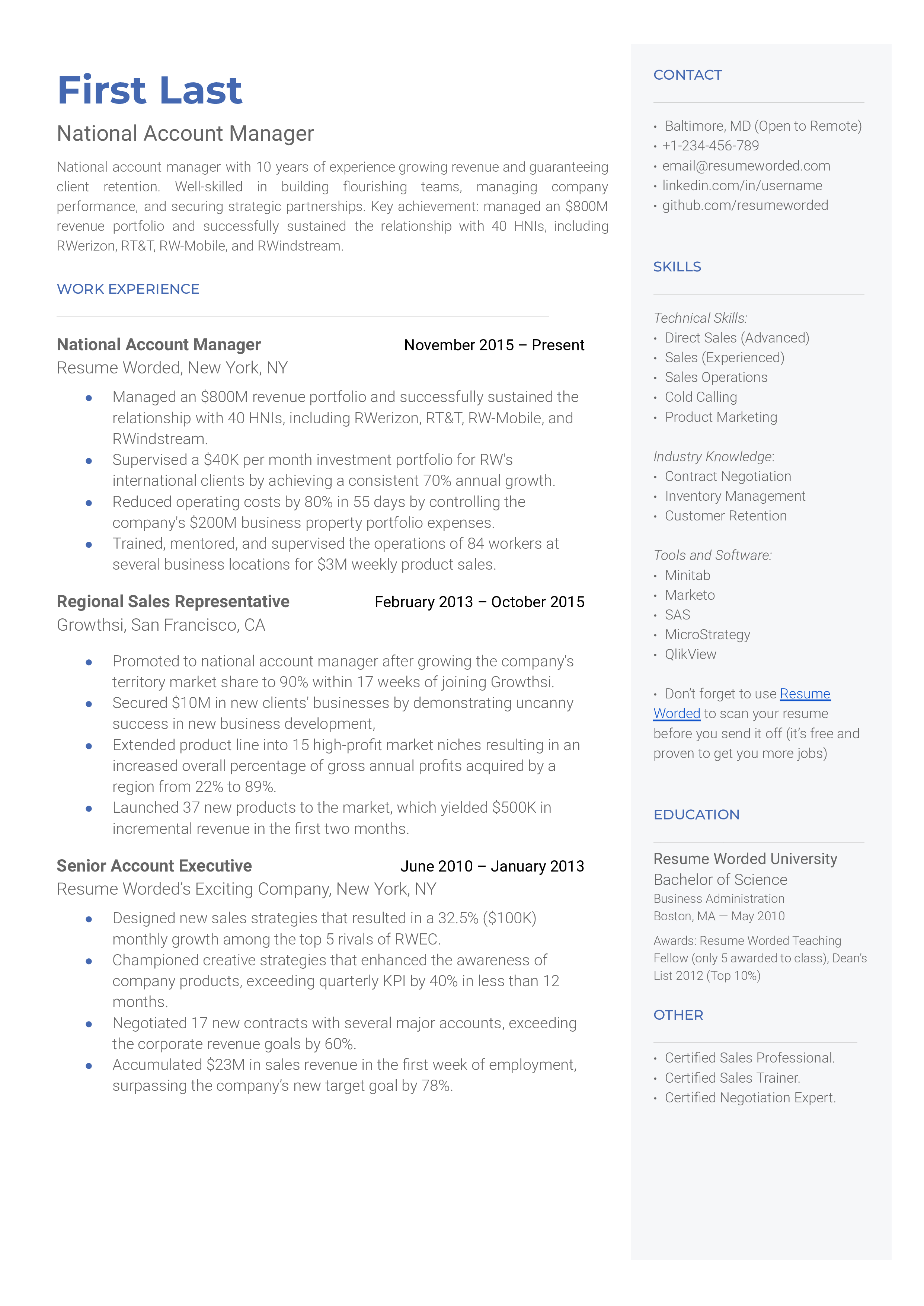 National Account Manager Resume Sample