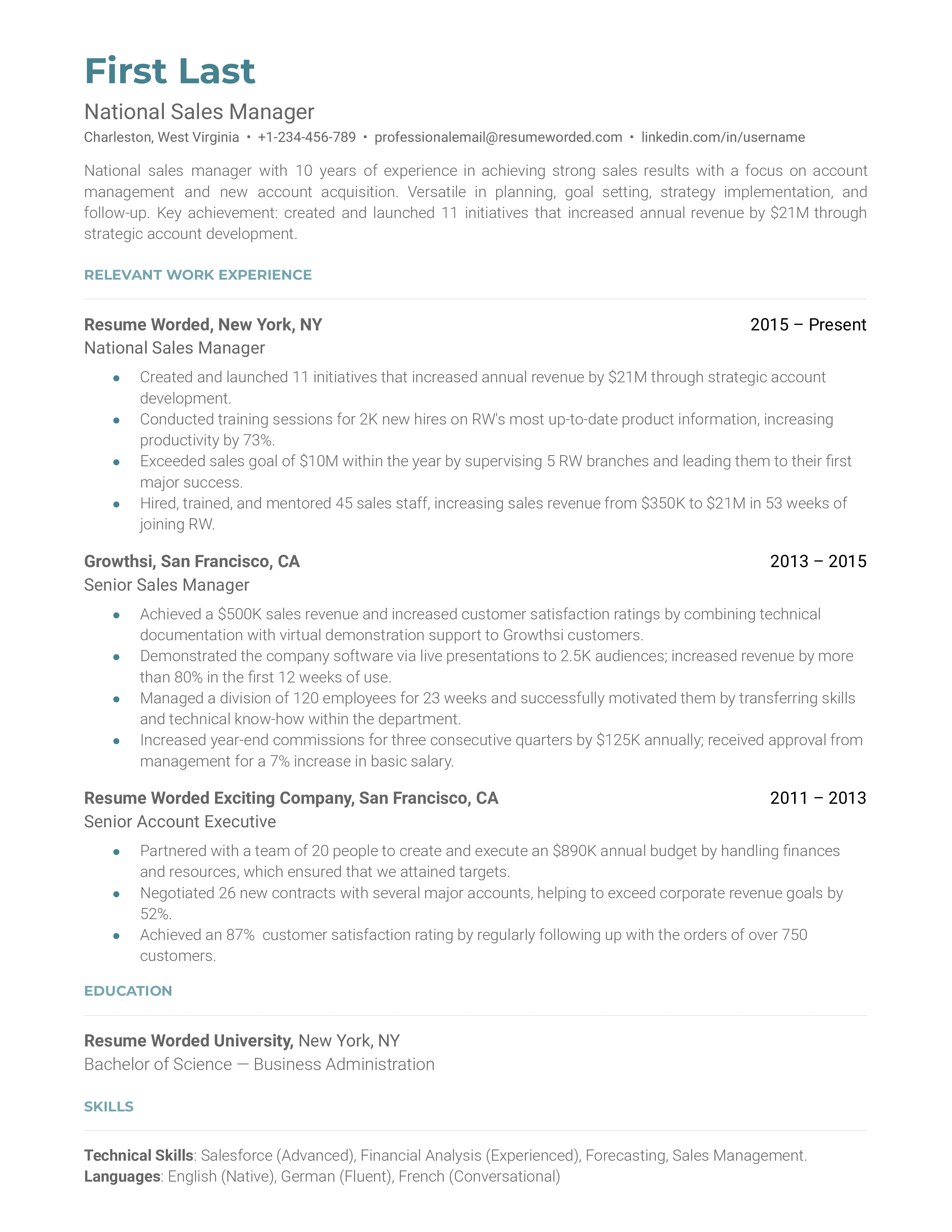Screenshot of a CV for a National Sales Manager role.