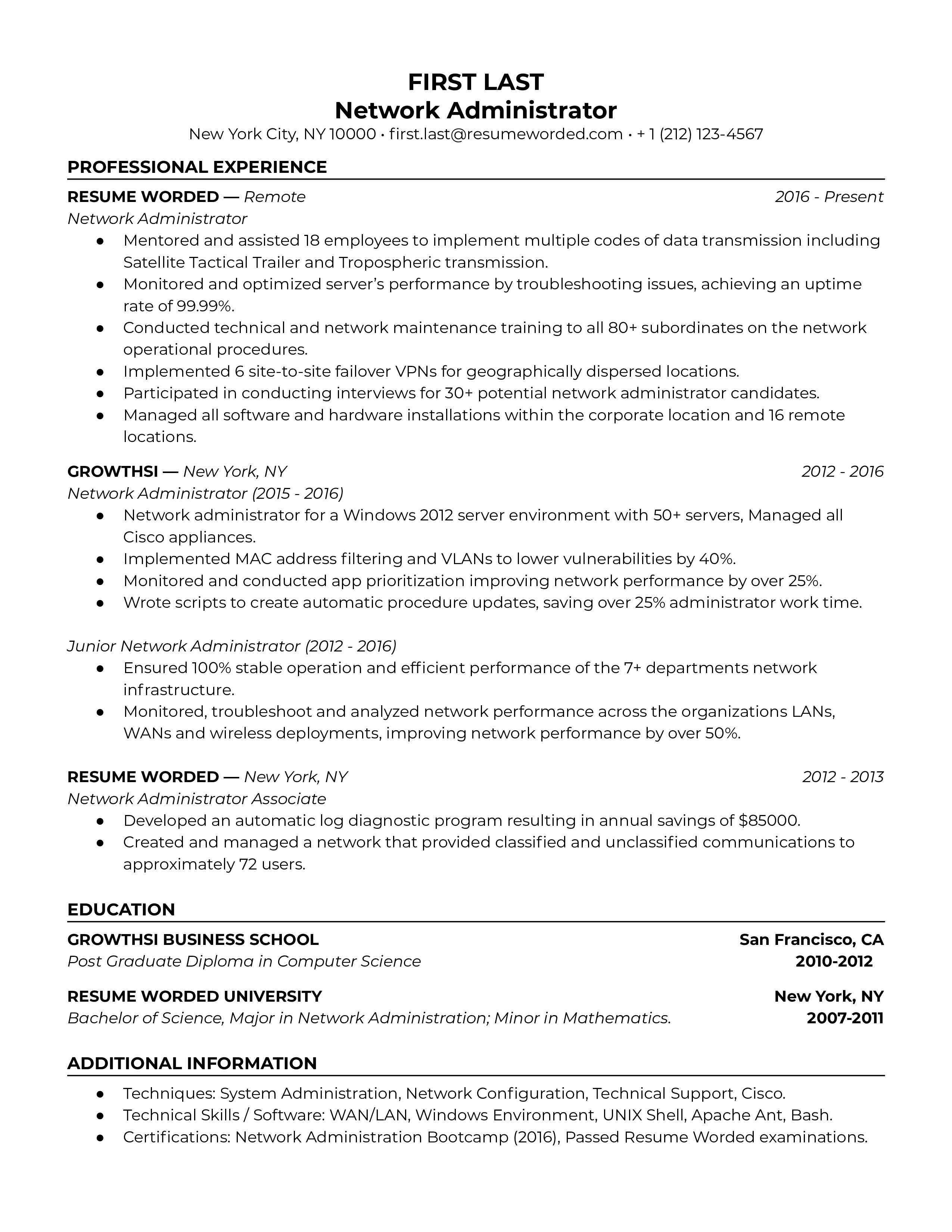 An example of a Network Administrator resume showcasing technical skills and project-based accomplishments.