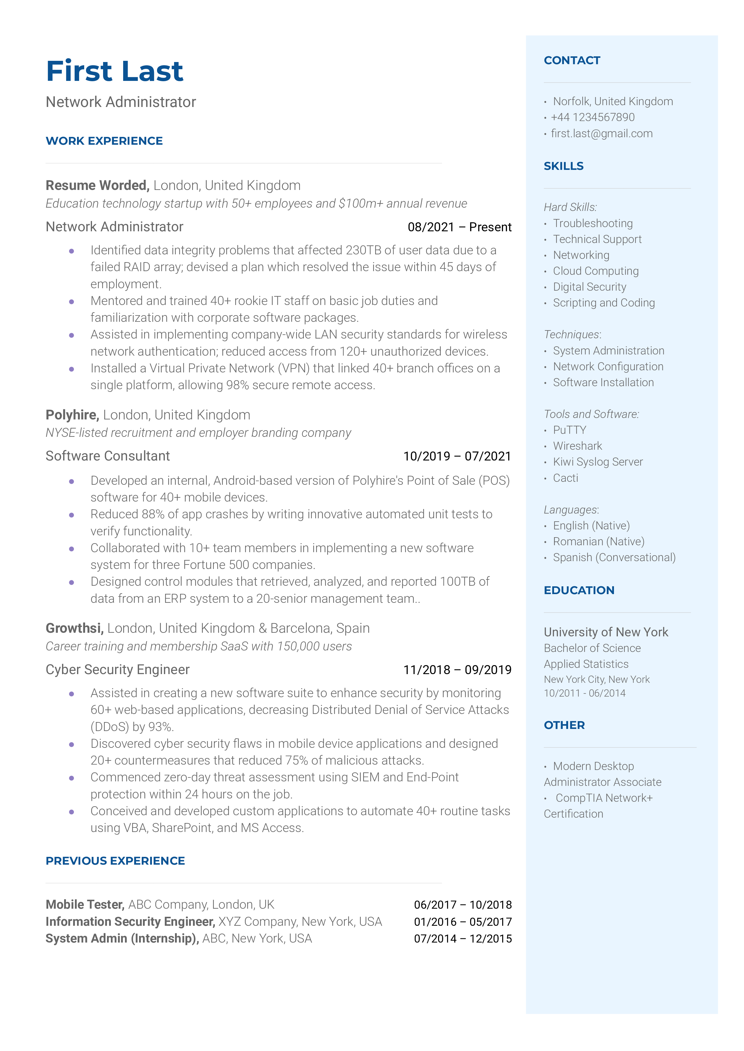 An example of a Network Administrator resume showcasing technical skills and project-based accomplishments.
