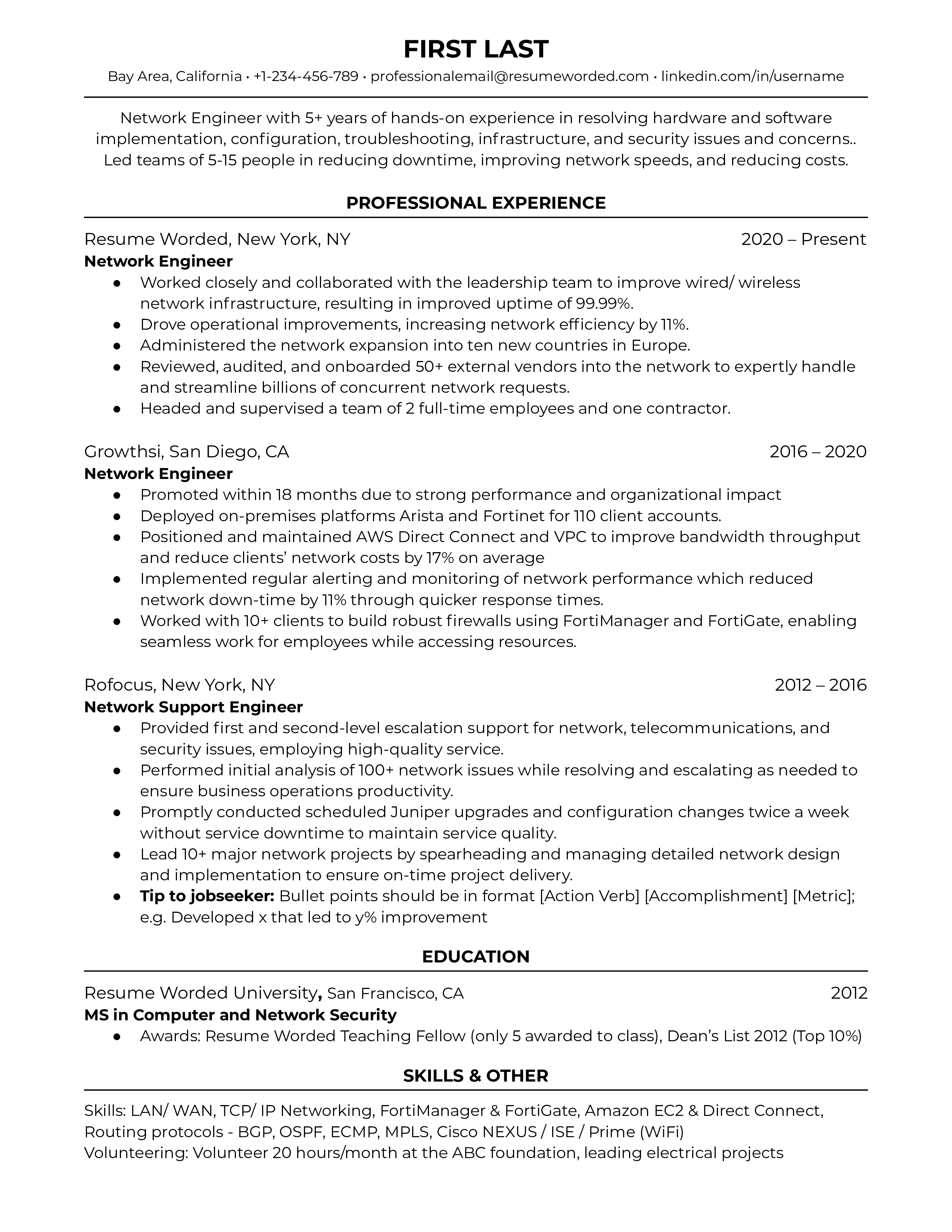 A sample CV of a network engineer showcasing technical skills and continuous learning.
