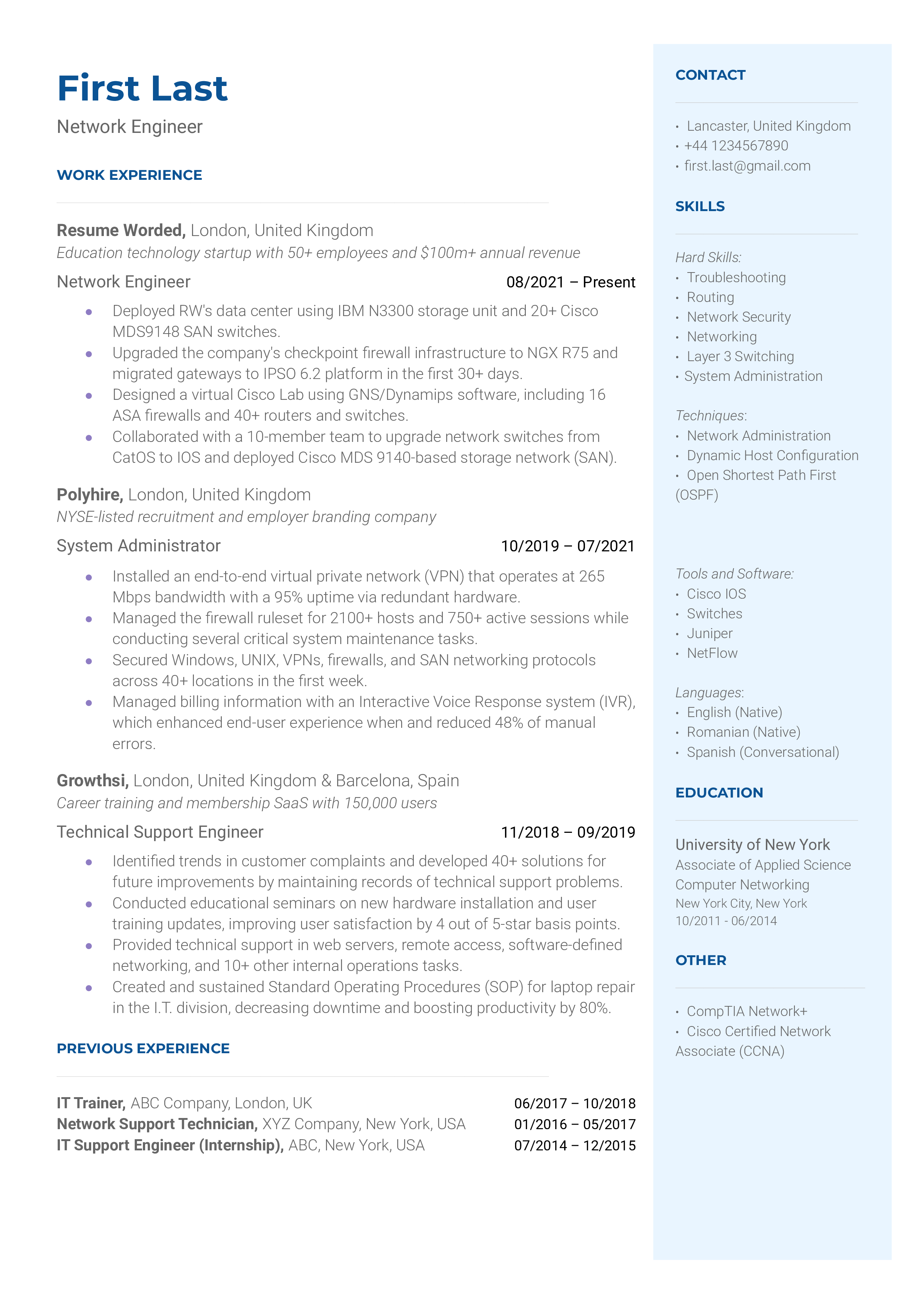 A CV screenshot focused on network engineering skills, certifications, and practical experiences.