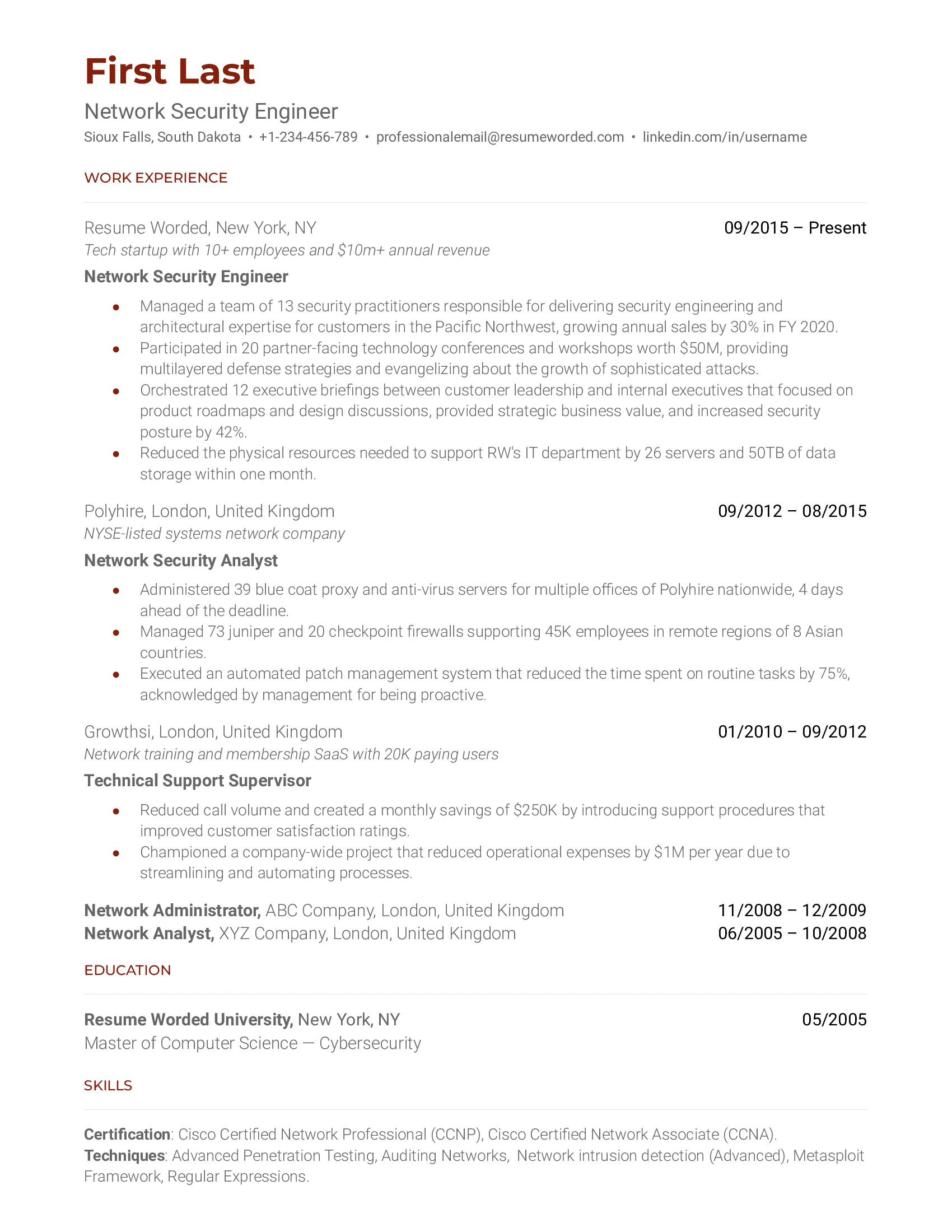 A CV of a Network Security Engineer showcasing their skills, experiences and proficiency in security software.