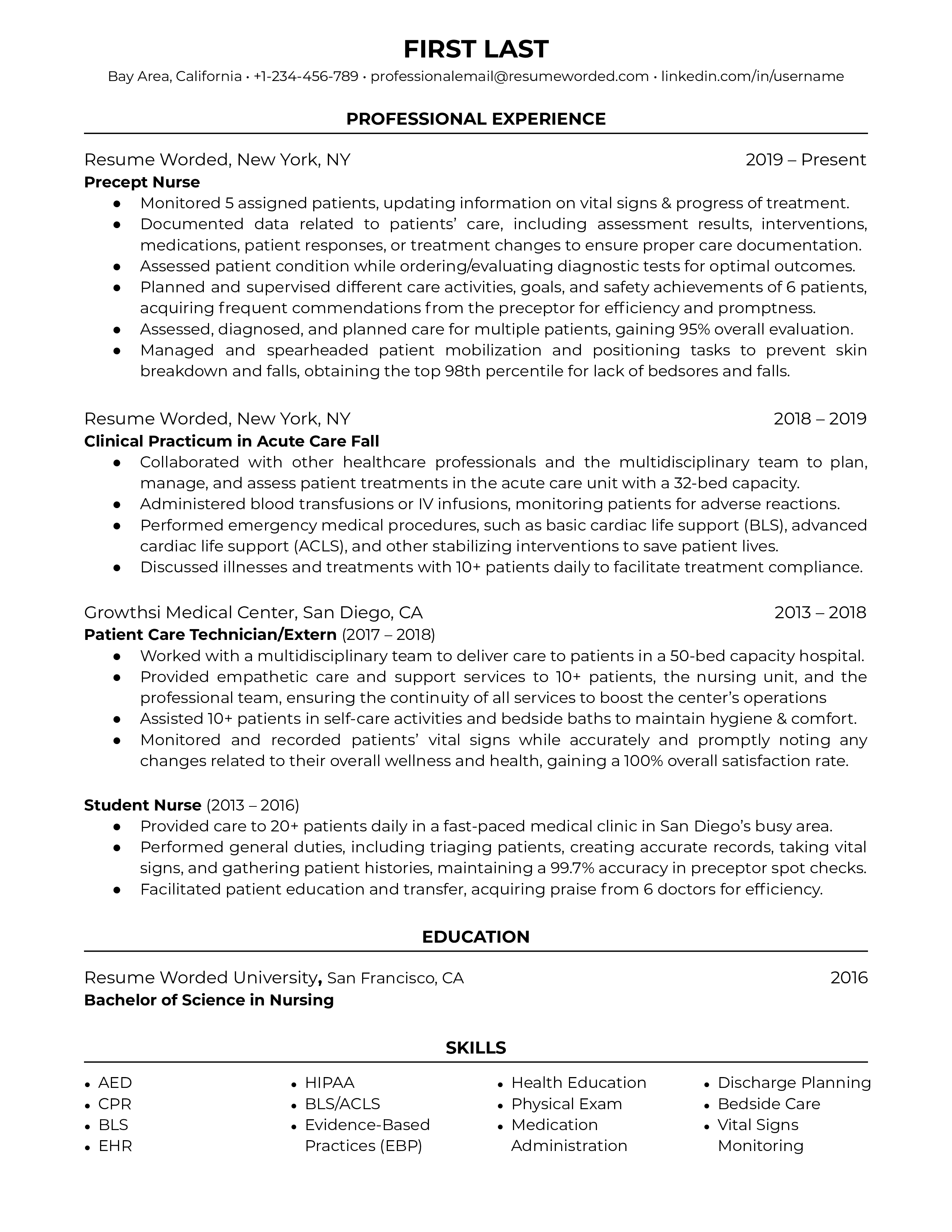 New grad nurse resume with clinical experience and soft skills highlighted