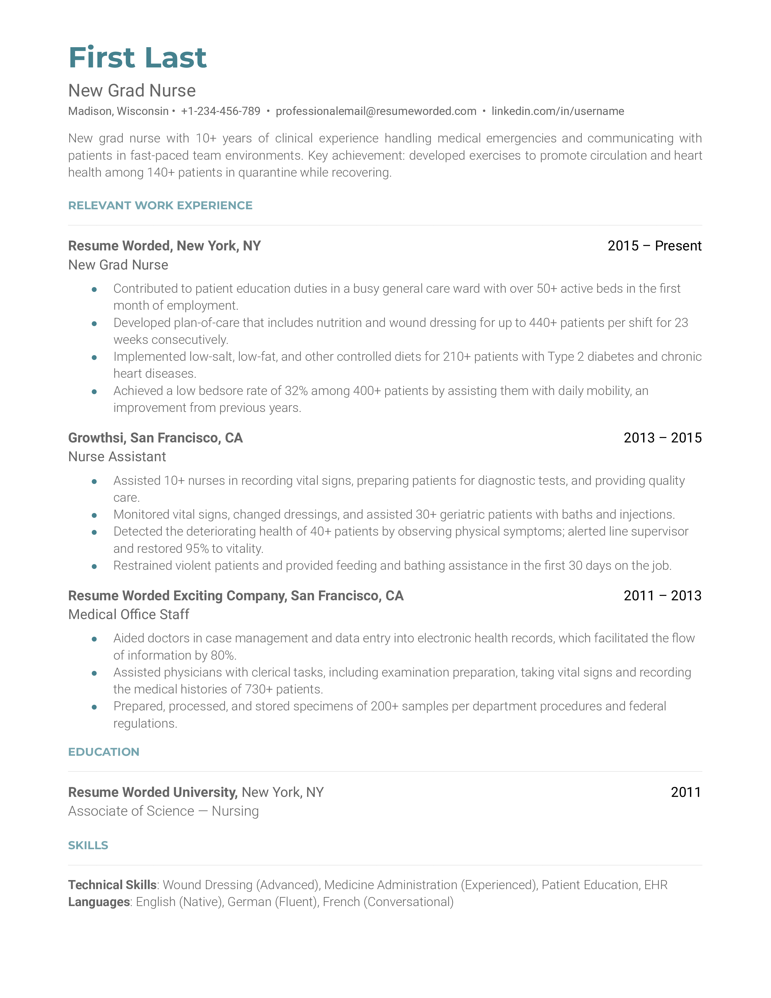 A CV for a New Grad Nurse showcasing clinical experience and soft skills.