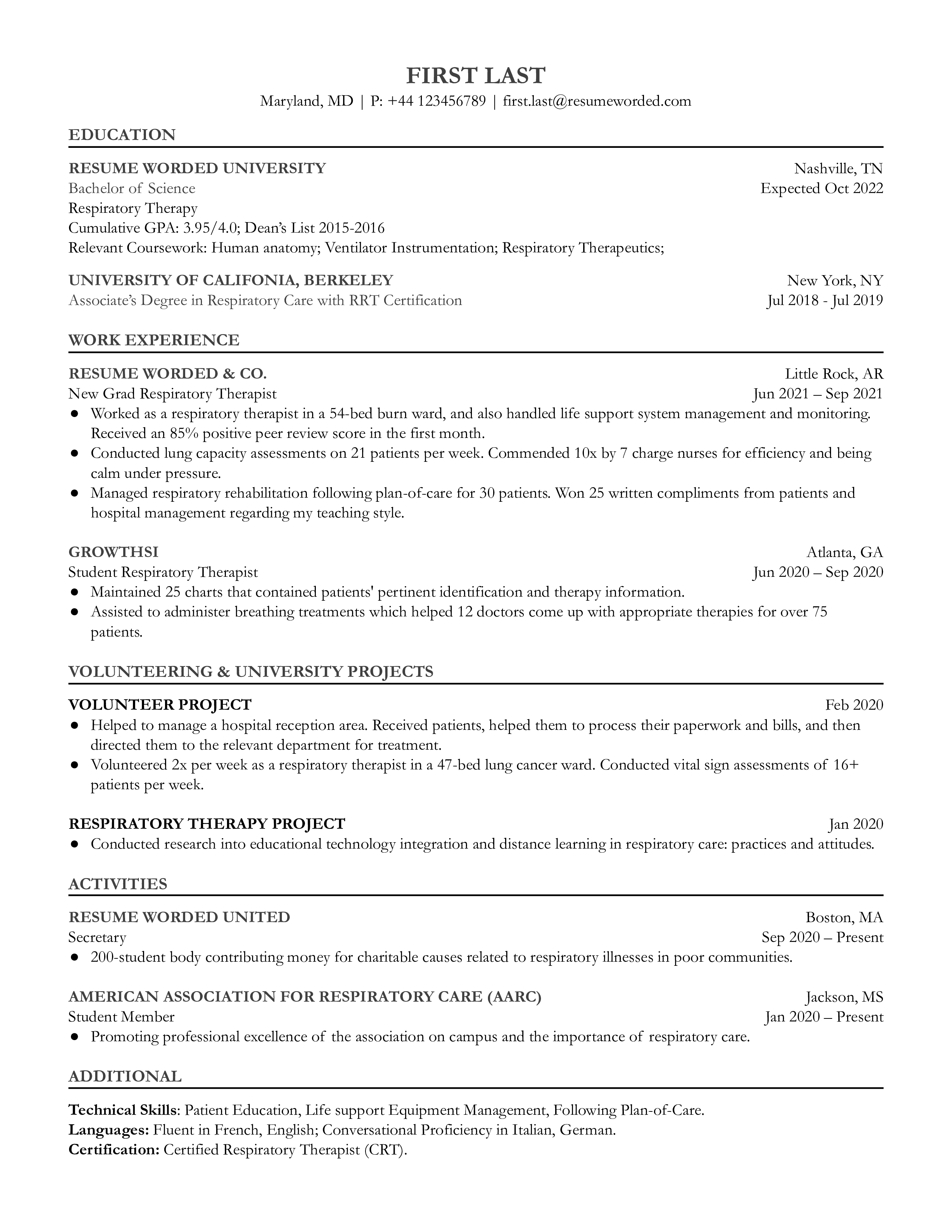 New Grad Respiratory Therapist  Resume Sample