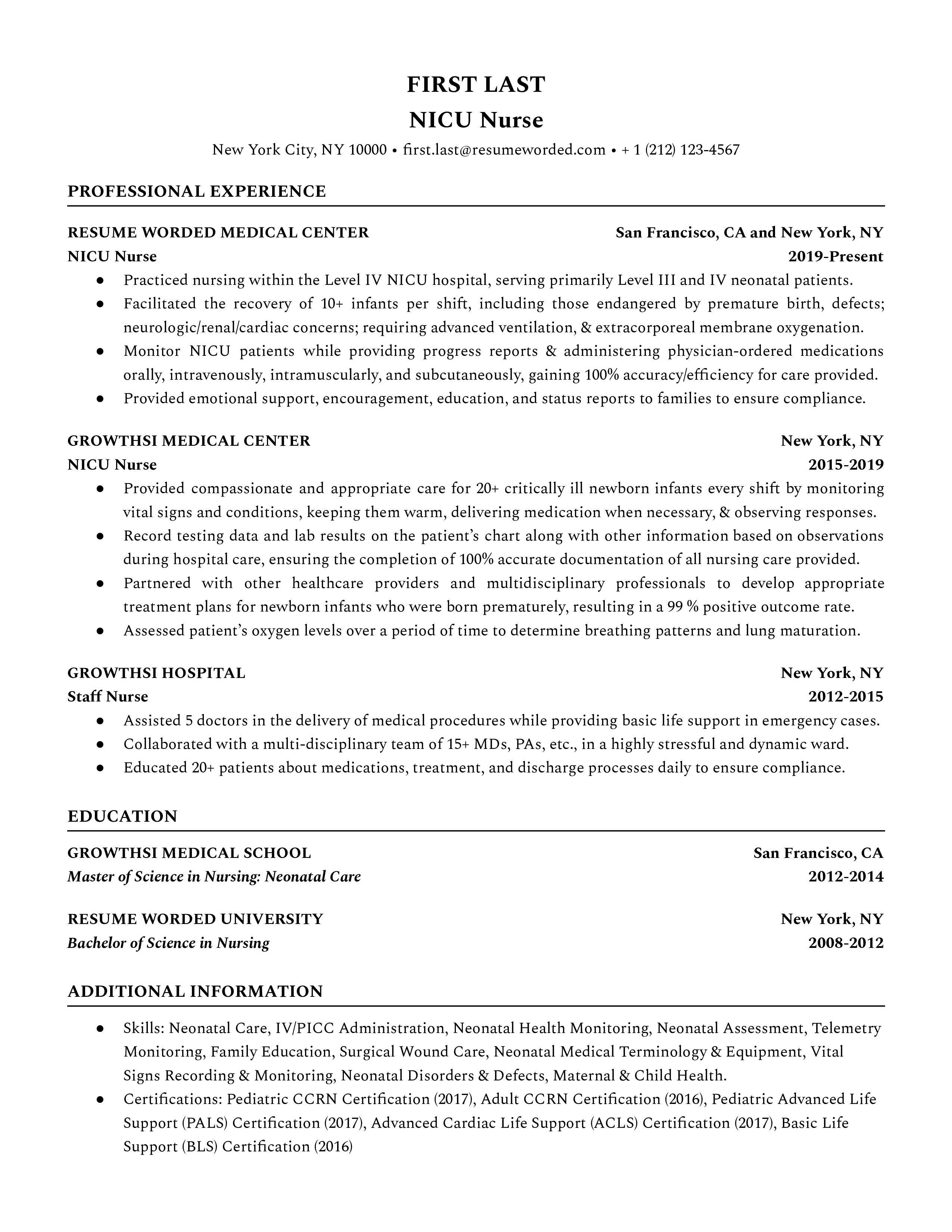NICU nurse resume template sample tailored to the position and featuring an easily skimmable skills section