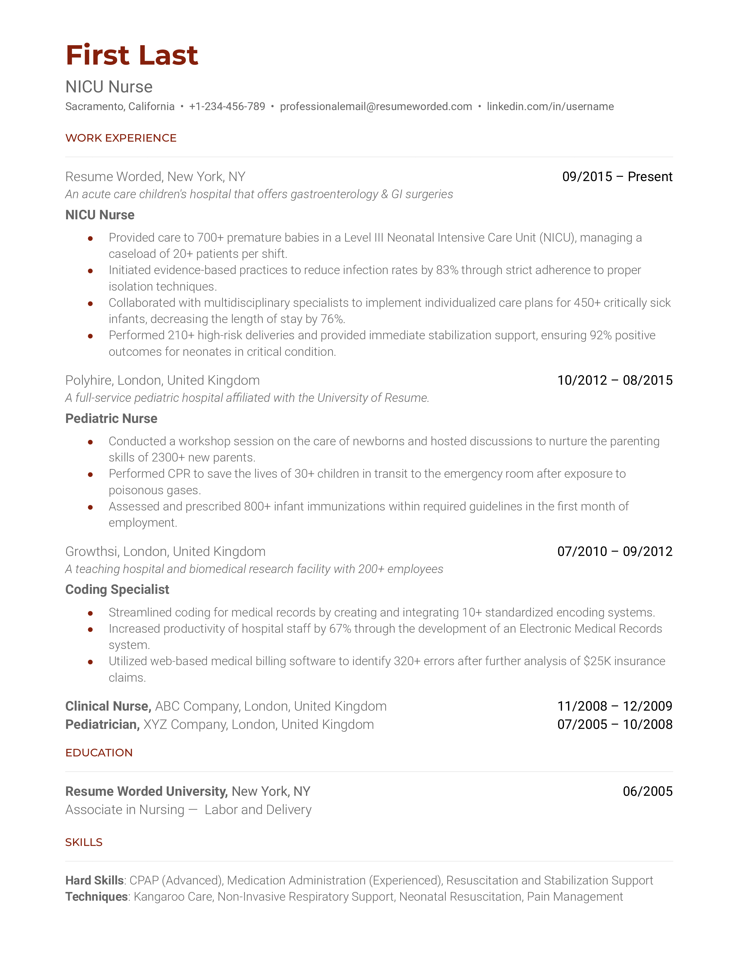 A NICU nurse's resume highlighting relevant experience and certifications