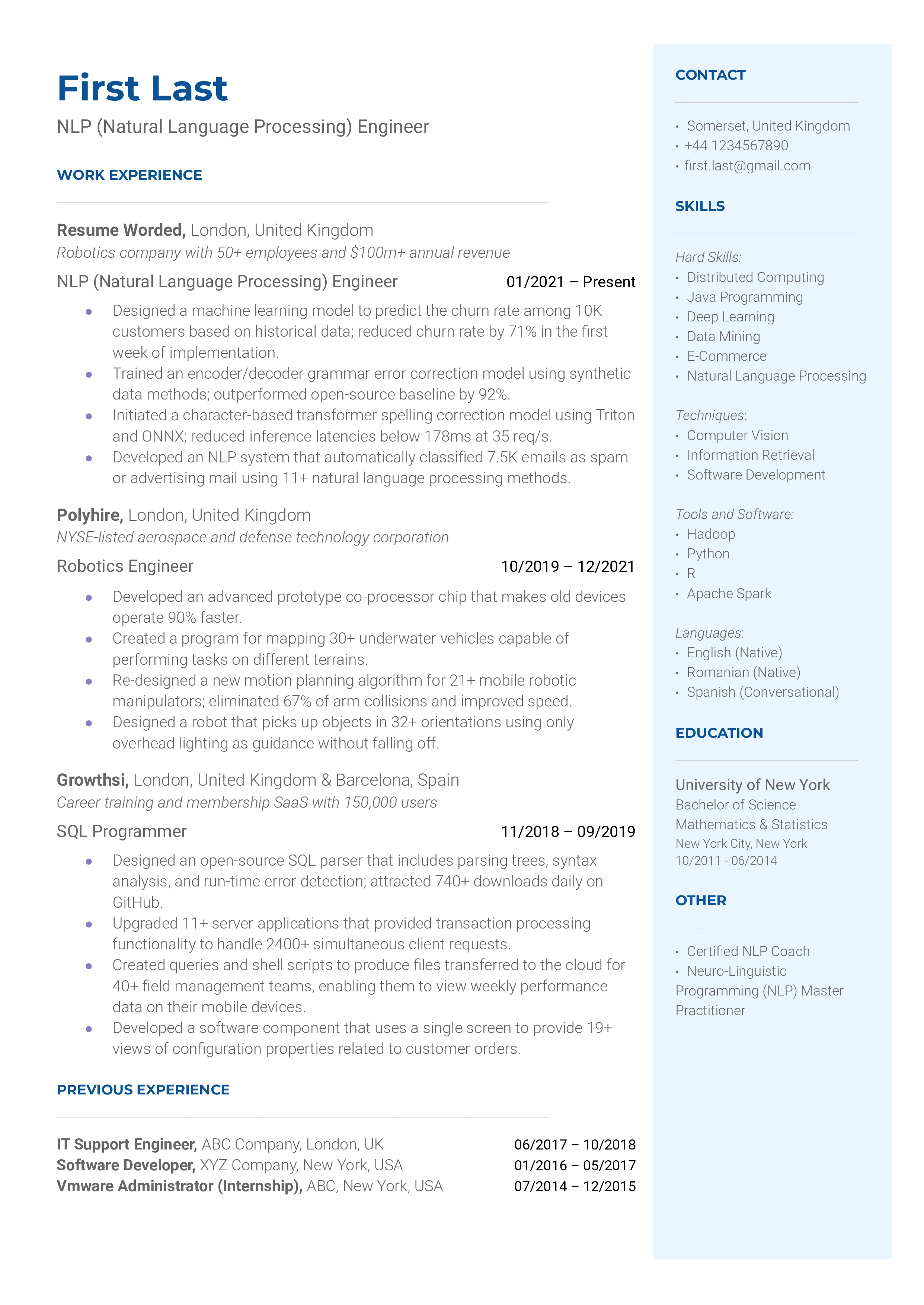 Screenshot of a CV for an NLP Engineer role, featuring experience, technical skills, and relevant projects.