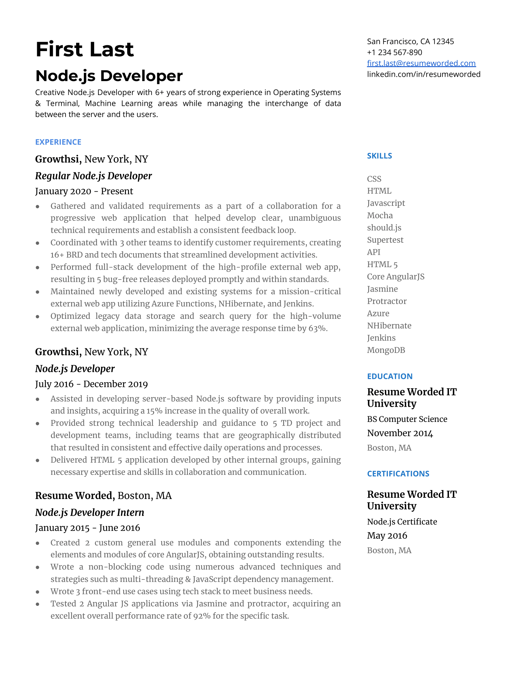 Node.js developer resume with hard skills section and strong action verbs
