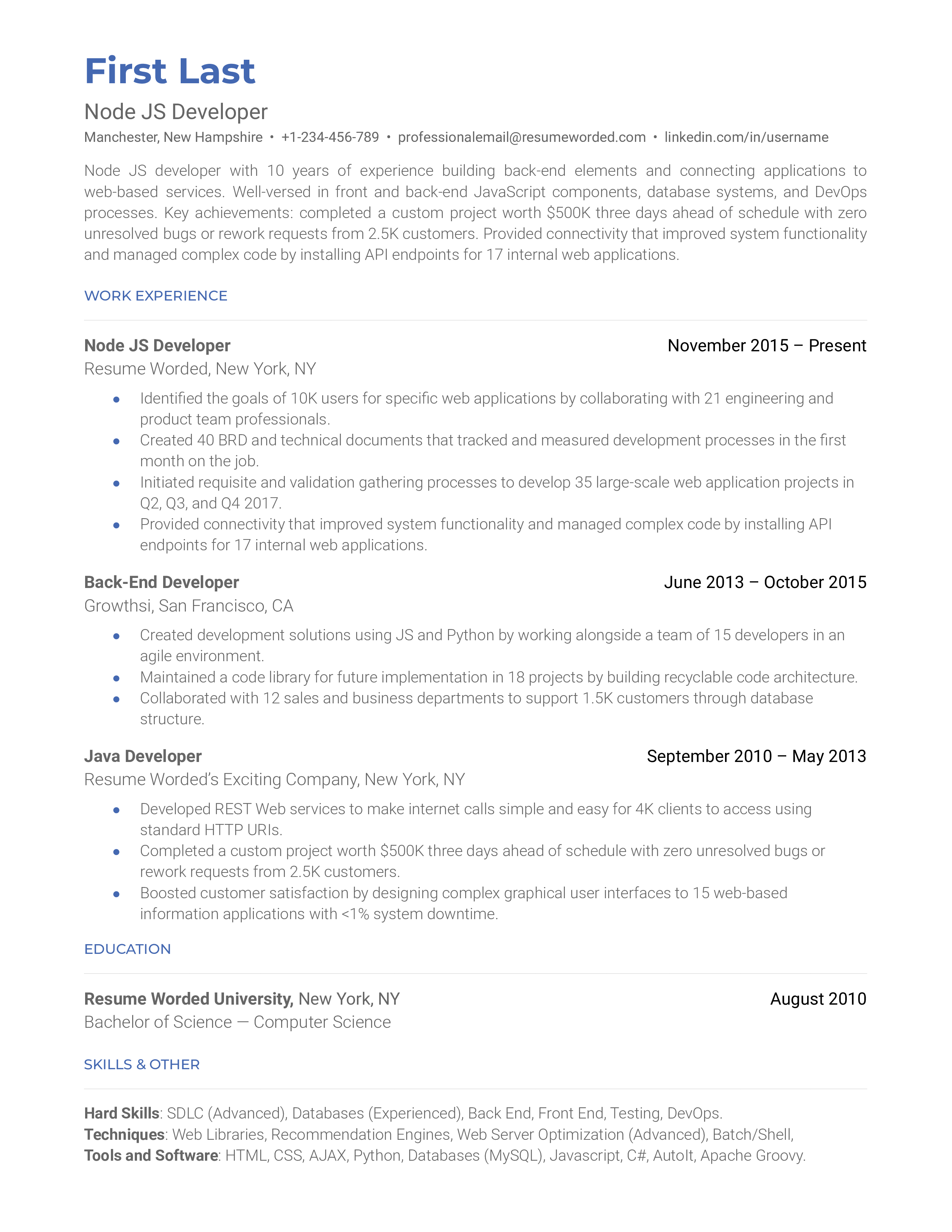 Node JS Developer Resume Sample