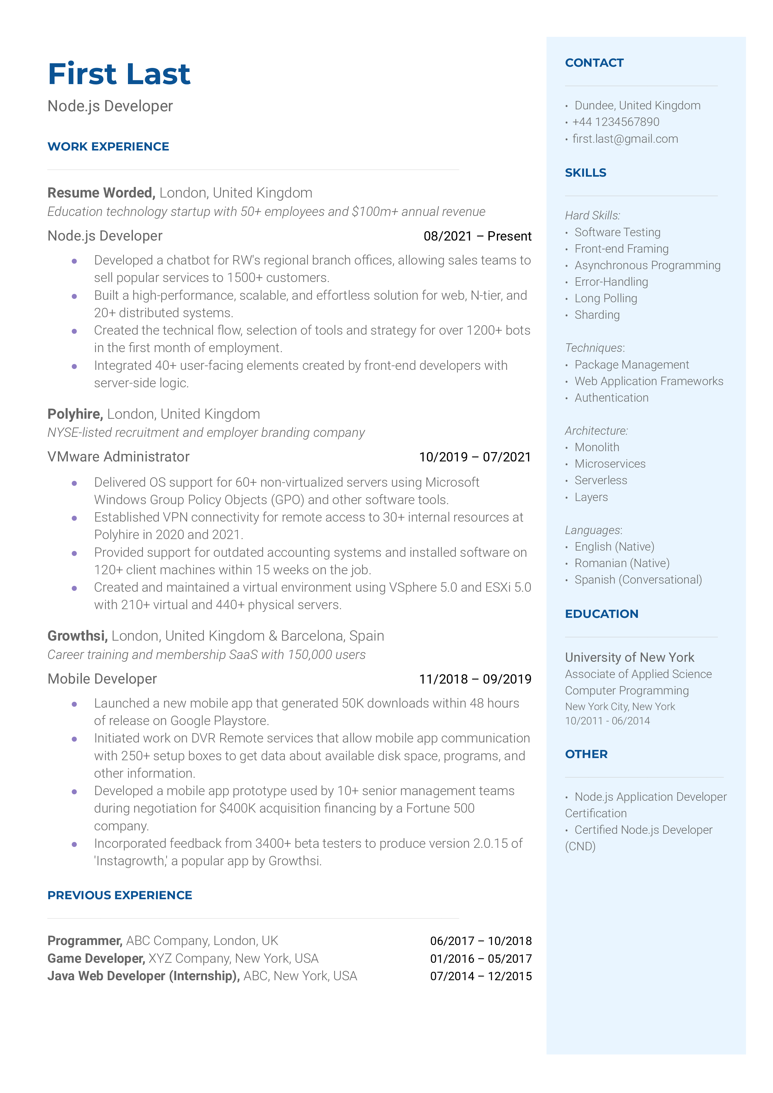 A Node.js developer resume template including a node.js certification.