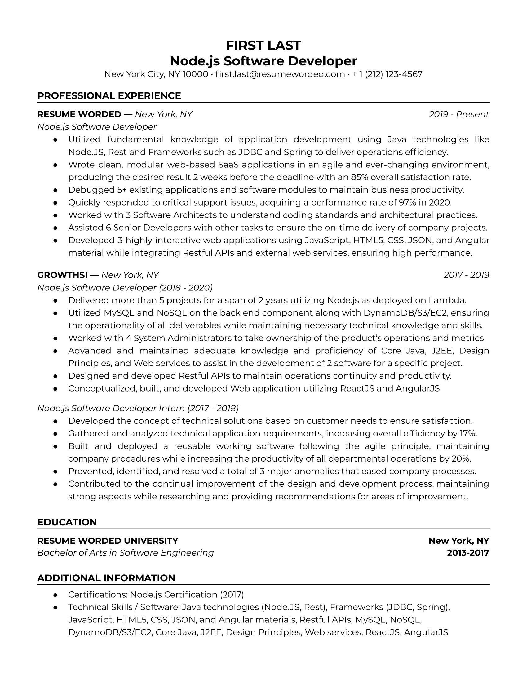 sample resume for javascript developer