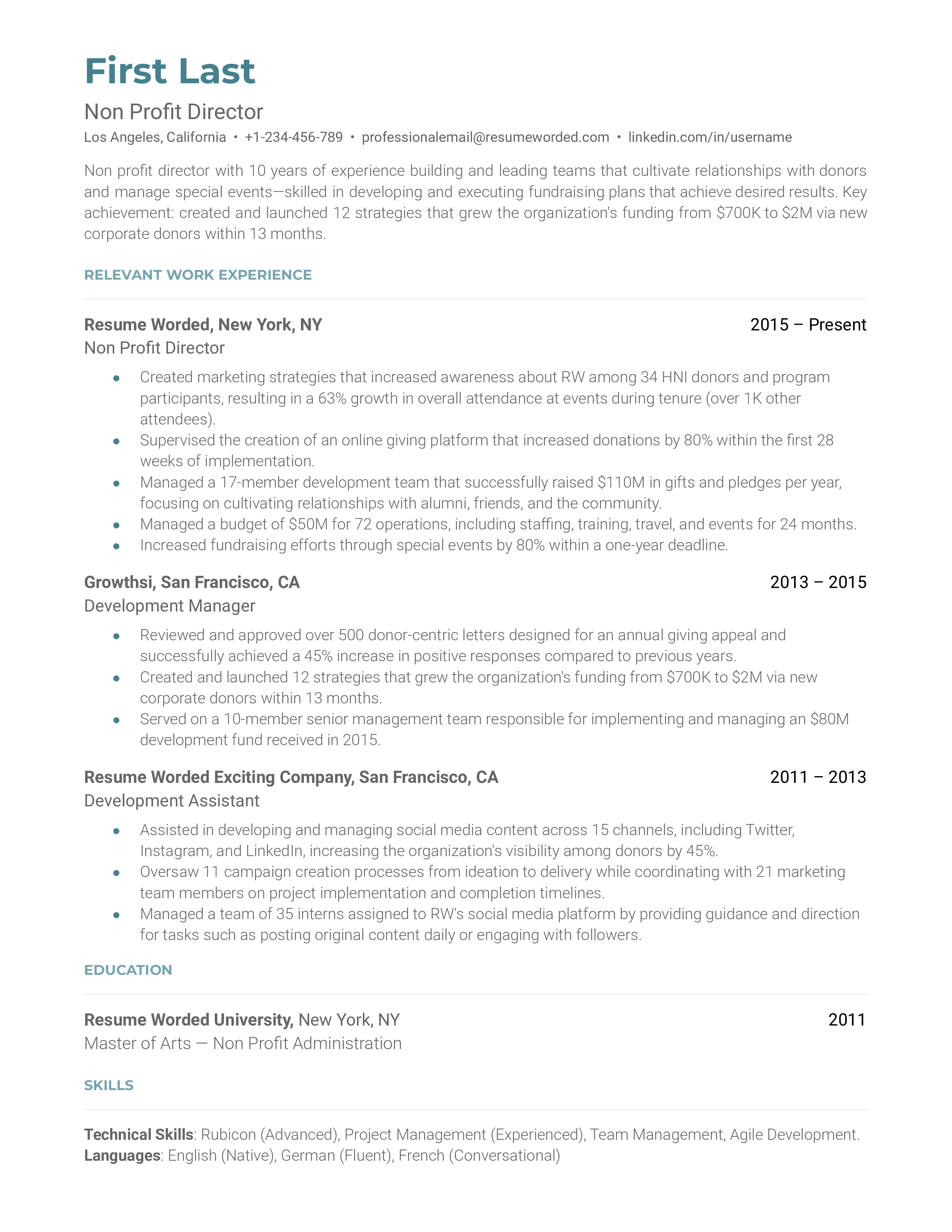 A non-profit director resume sample that highlights the applicant’s project management skills and career progression.