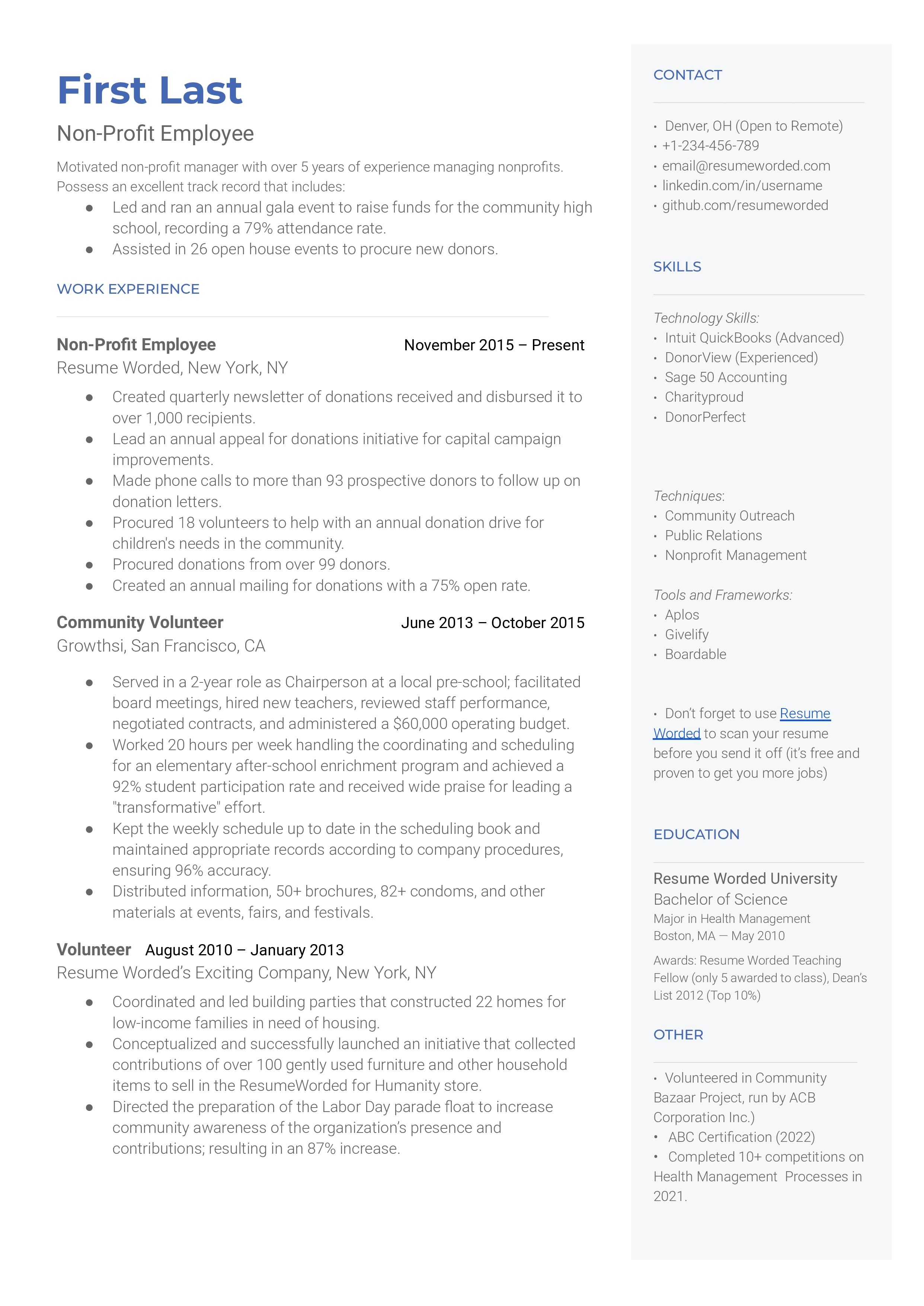 Non-profit employee resume sample that highlights the applicant’s skills and certification.