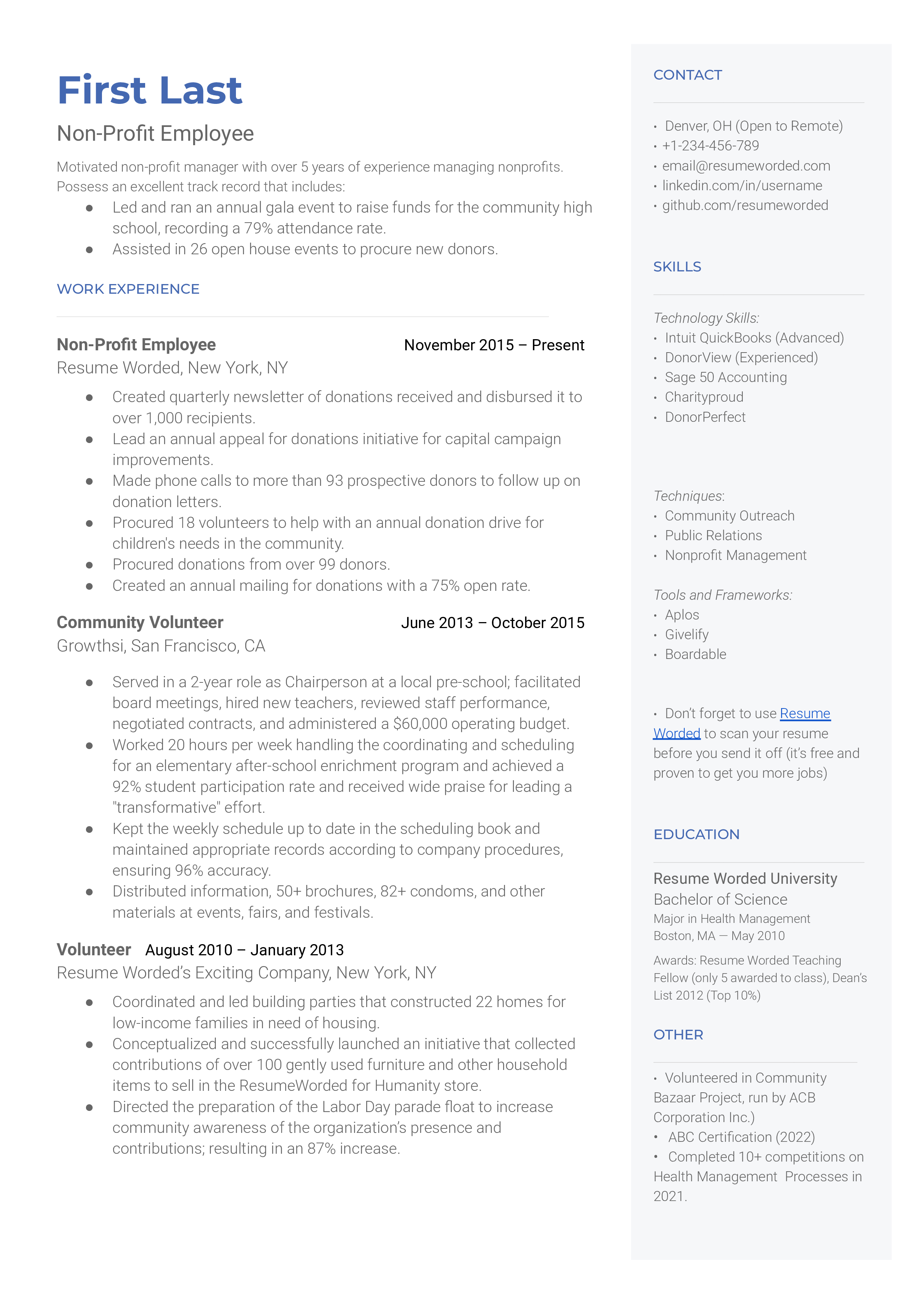 Non-Profit Employee Resume Sample