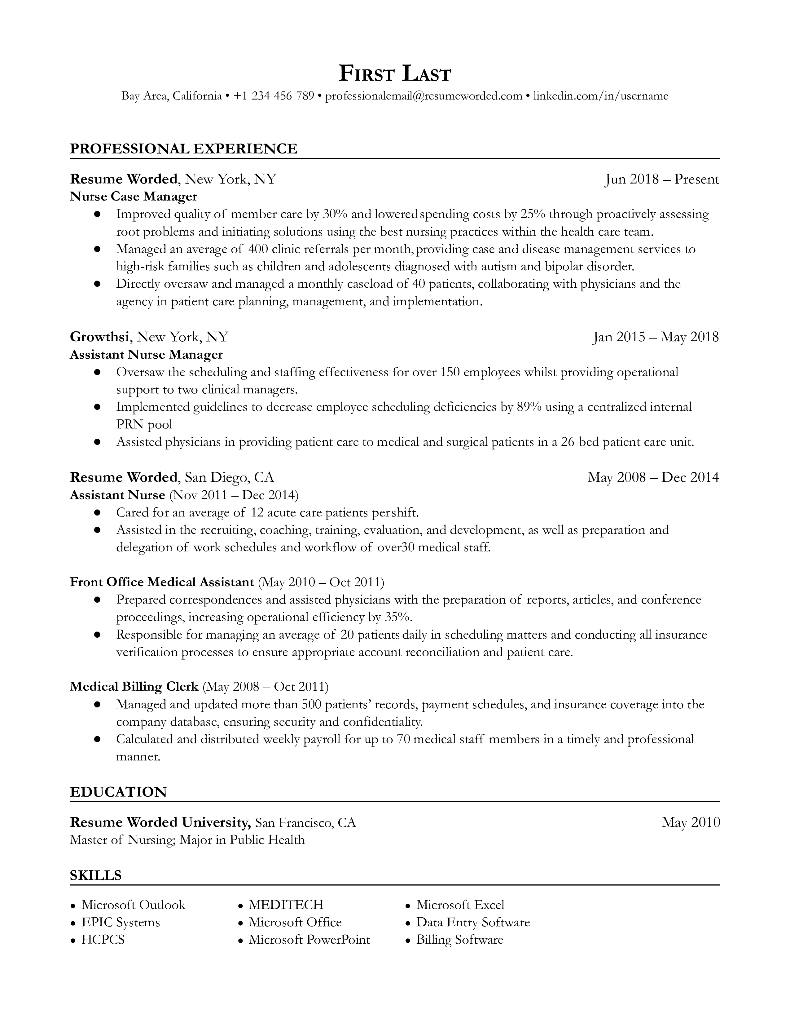 Nurse case manager resume template example with numbers and metrics and listing appropriate hard skills