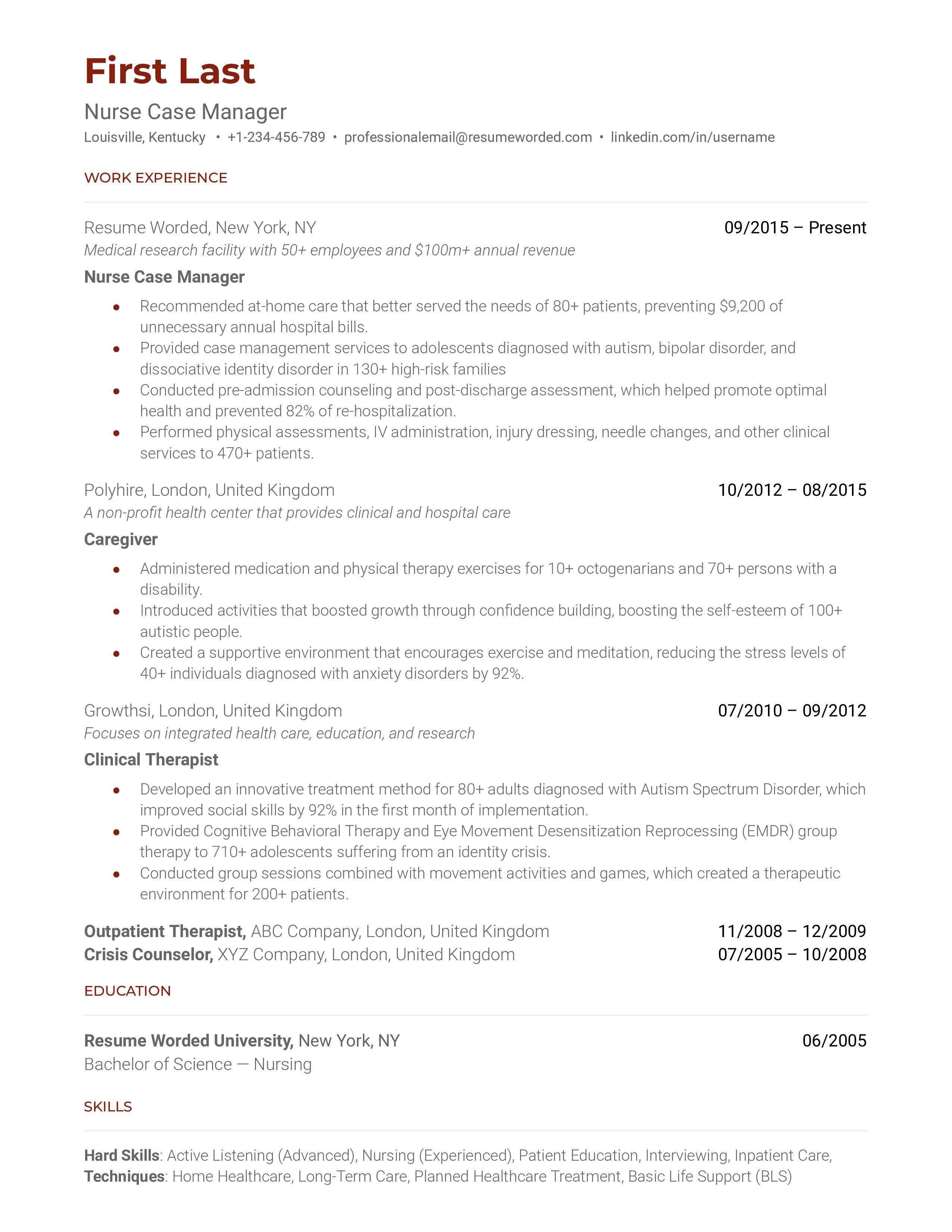 Professional CV template for a Nurse Case Manager role.