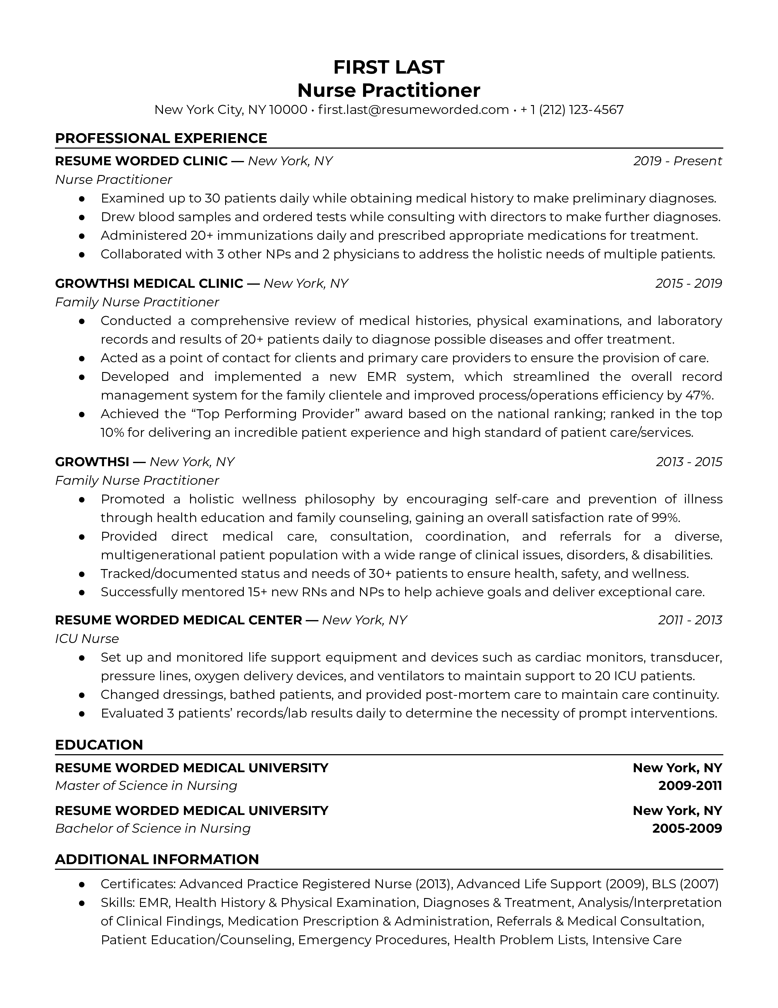 Nurse practitioner resume template sample listing the most relevant experience first to highlight important keywords