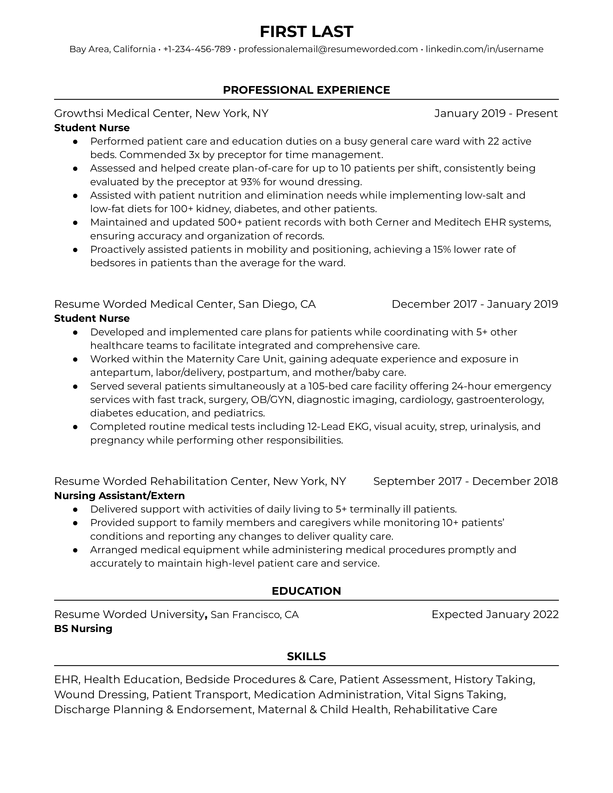 A detailed and well-structured CV for a Nursing Student role.