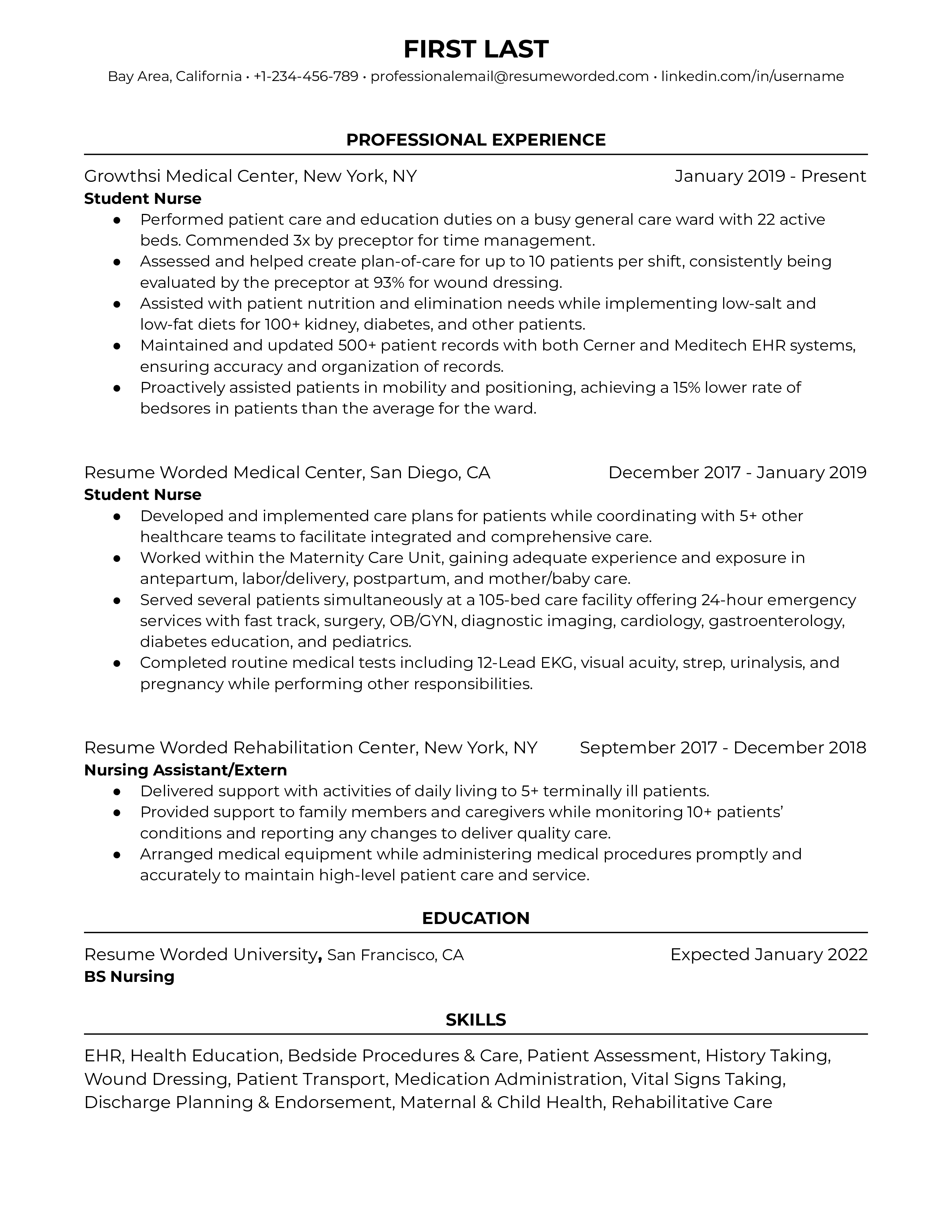 help with writing clinical experience and skills of a student nurse on resume